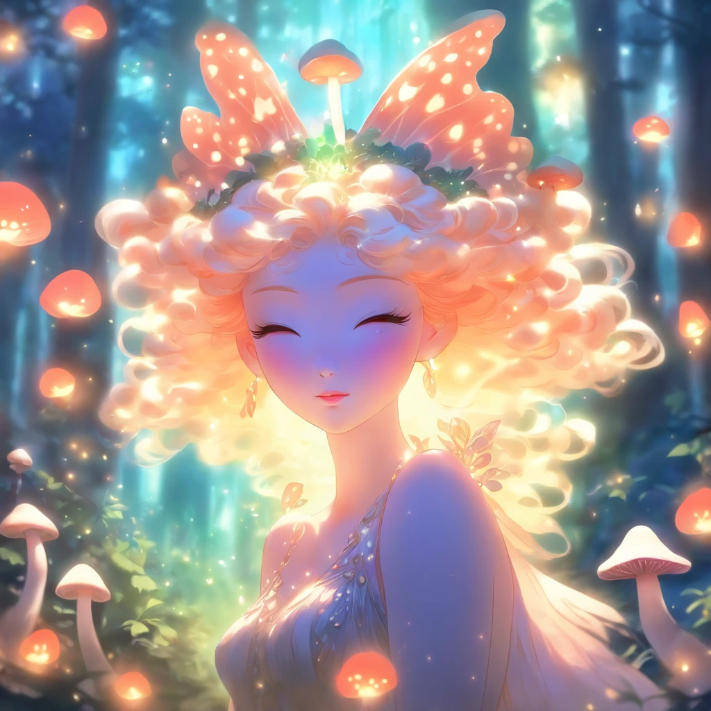 (best quality,ultra-detailed),mushroom forest queen goddess,ethereal,enchanted forest,beautiful detailed eyes,beautiful detailed lips,flowing gown,graceful pose,fairy wings,halo of light,magical crown,glowing mushrooms,whispering trees,mystical atmosphere,soft sunlight filtering through leaves,dreamlike colors,fantasy art,whimsical,mythical,otherworldly,lush vegetation,serene expression,alluring presence,harmony with nature,dancing with butterflies,luminous glow,transcendent beauty,majestic presence,enchanted beings,ethereal glow,tranquil aura,peaceful ambiance