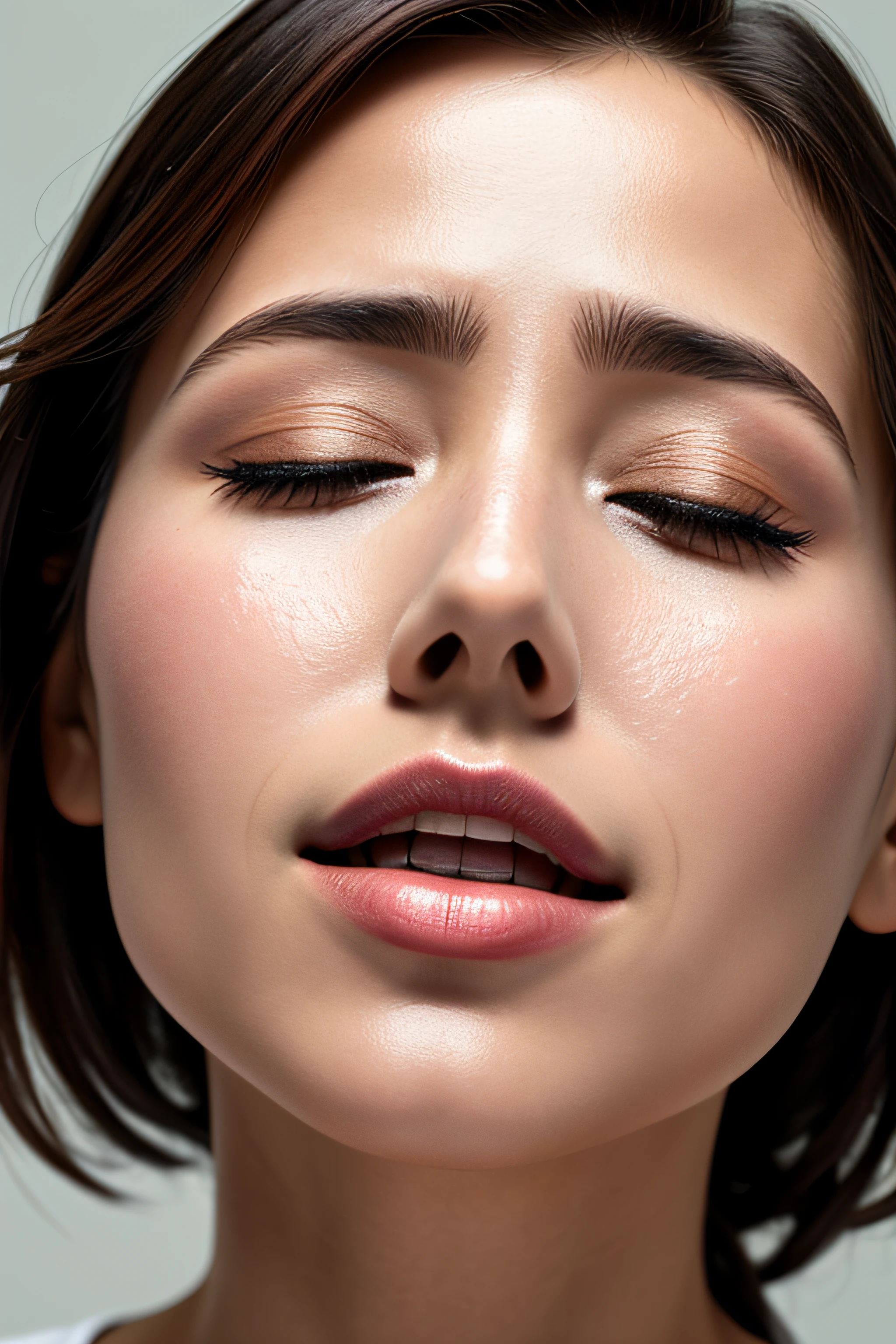 Tabletop,Awards - Winning Photos, Very detailed, Edge Orgasm, Woman with open mouth and closed eyes , Skin shiny with sweat、Lighting that highlights the shine of sweat{{{Spread the word }}}, Black-haired、Browsing Caution,{{{{A large male audience}}}},(Realistic C-shaped elongated nostrils)、Symmetrical nostrils,Dark Gray Background,(((Face close-up)))