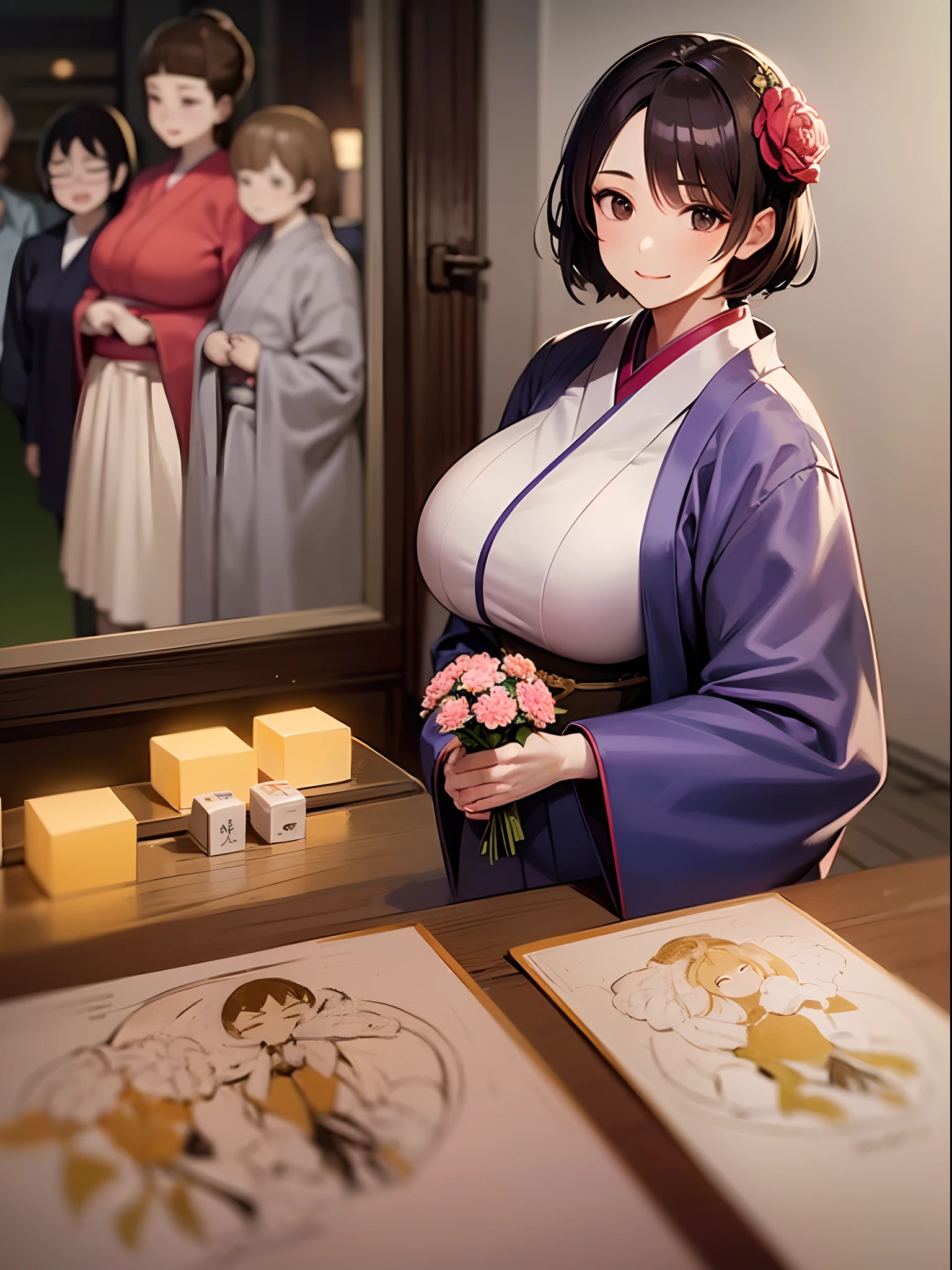 (A hyper-realistic), (Illustration), (High resolution), (8K), (Very detailed), (Best Illustration), (Best Quality), (ultra-detailliert), (masutepiece),Japan female rakugo artist、Mature Woman、Kimono with a large jacket、Seiza、vaudeville、Packed crowd、animesque,gently smiling,(huge bust),holding flower bouquet、celebration、omatsuri