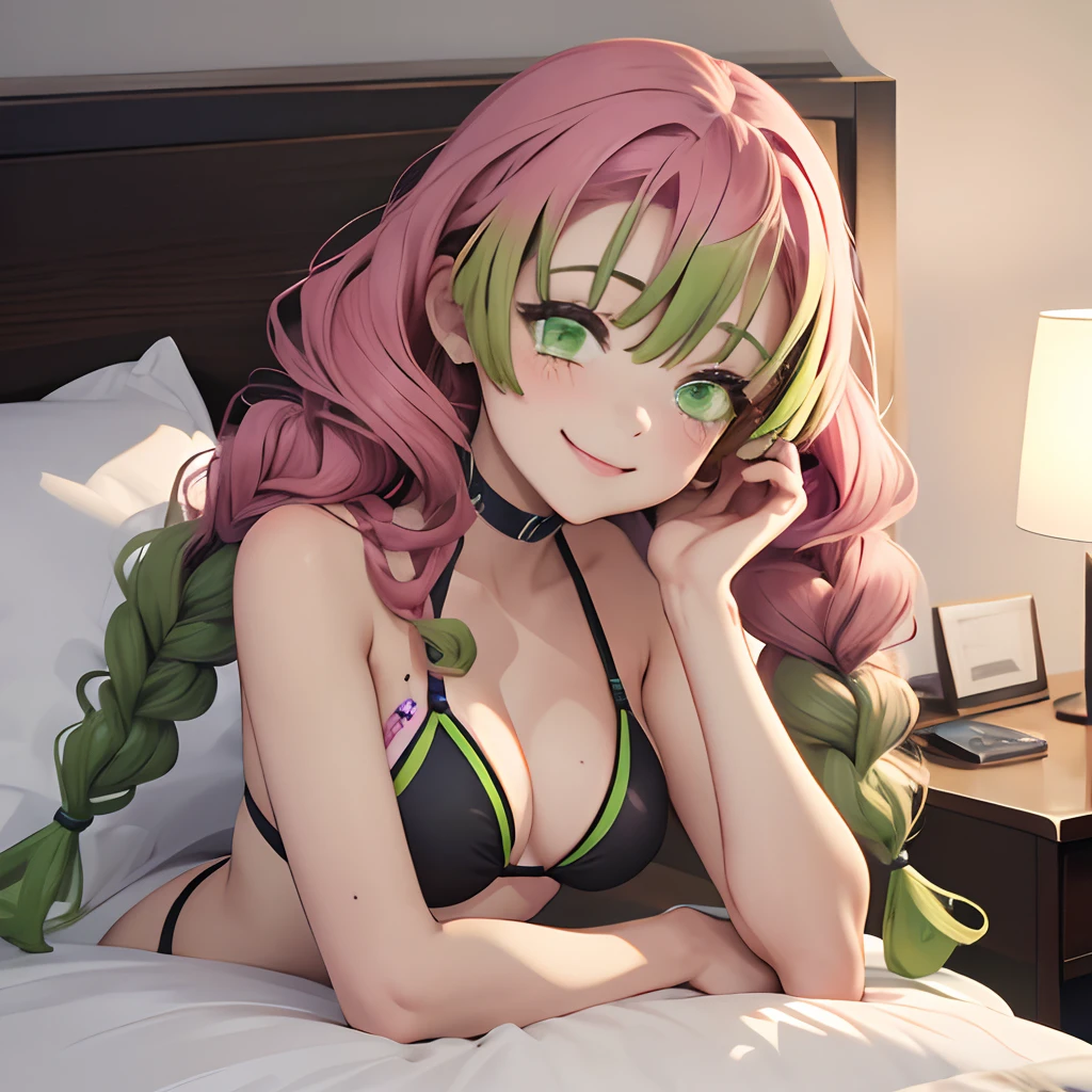 (Smile), The bikini, Gradient Hair, (Green eyes:1.5), Green hair, Mole under the eyes, multicolored hair, Pink hair, Twin braids, Two-tone hair,,Sleeping in bed, full bodyesbian