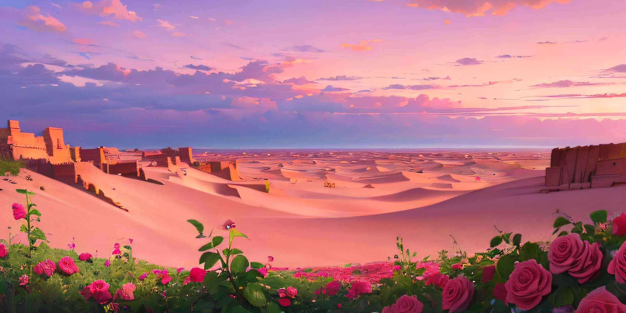 Summer, desert, pink clouds, a land overgrown with roses, James Gurney, art station rendering, ultra-wide lens, high definition