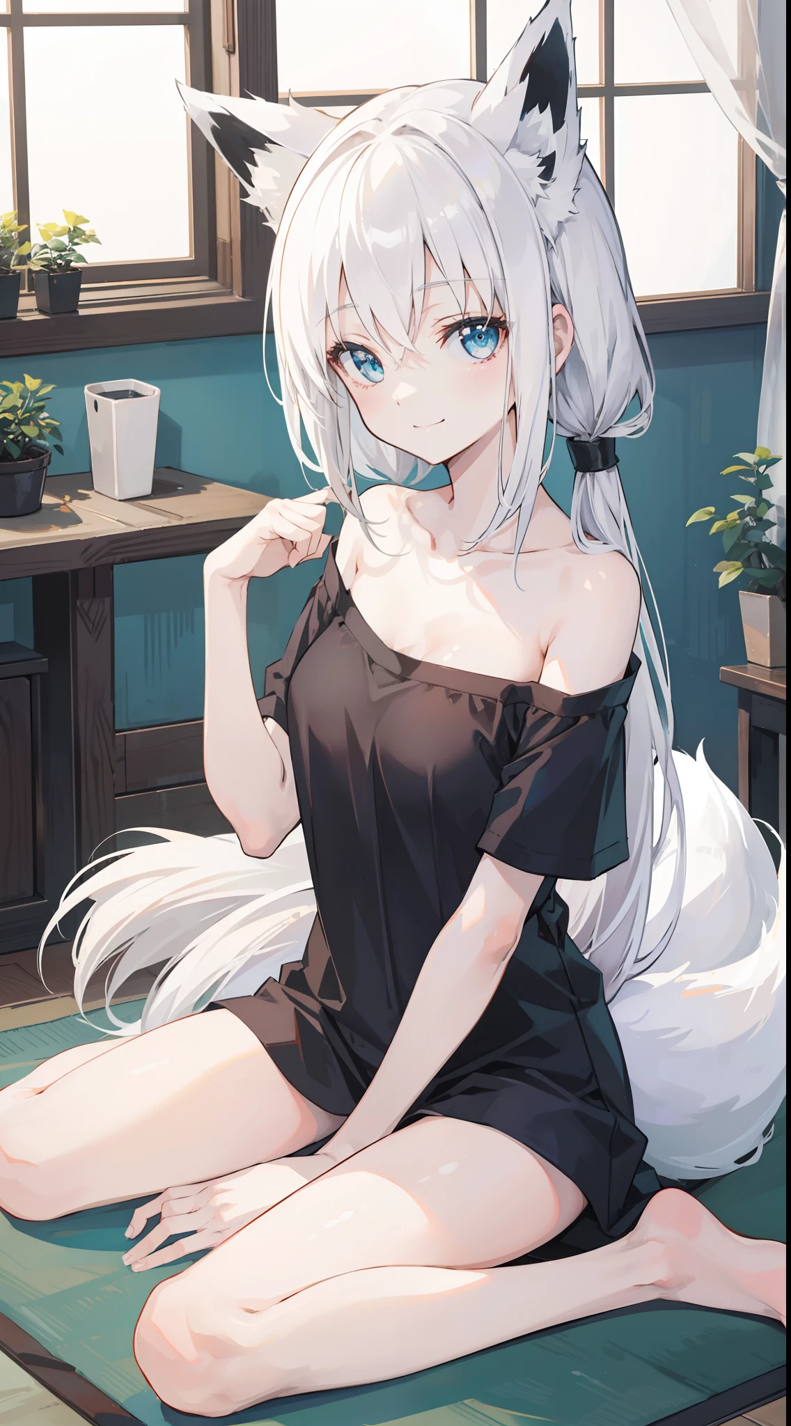 one girl, Shirakami Fubuki, white fox girl, only black T shirt, sitting, wariza, smile, hands between legs, pantie, slender, off shoulder, look at me, morning, indoor