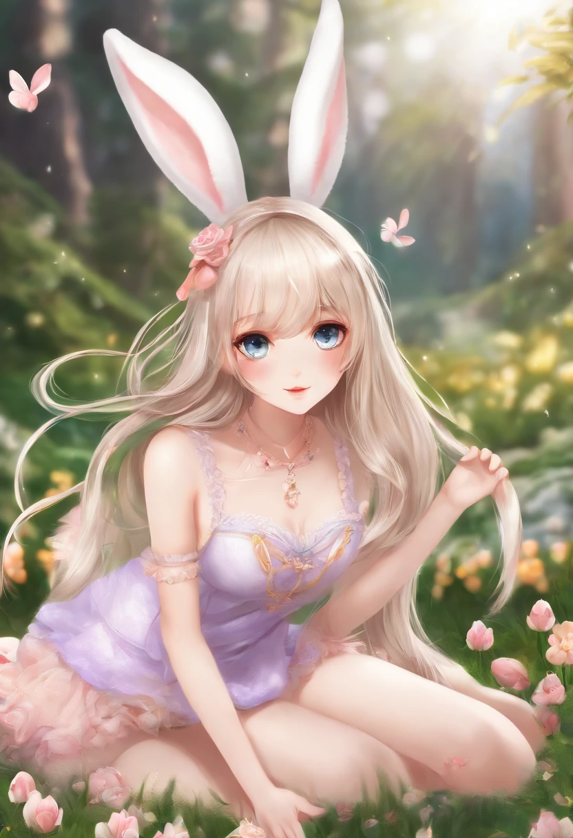 (a) high quality, high resolution:1.2, ultra-detailed, realistic:1.37, vibrant colors, bokeh, studio lighting, HDR
(b) bunny girl with beautiful detailed eyes, bunny girl with beautiful detailed lips, bunny girl in a stunning pose, bunny girl in a seductive outfit, bunny girl with long, flowing hair
(c) vibrant and dynamic background, with colorful Easter eggs scattered around, fresh spring flowers blooming, and lush green grass
(d) a cute bunny tail attached to the back of the bunny girl's outfit, fluffy and soft to touch
(e) the bunny girl gracefully performing a perfect split, displaying her flexibility and agility
(f) art medium: digital illustration, with a touch of anime art style, combining detailed linework and vibrant colors
(g) color palette: pastel shades with pops of vibrant colors to create a playful and enchanting atmosphere
(h) lighting: soft, warm lighting illuminating the bunny girl from the back, creating a gentle halo effect around her silhouette