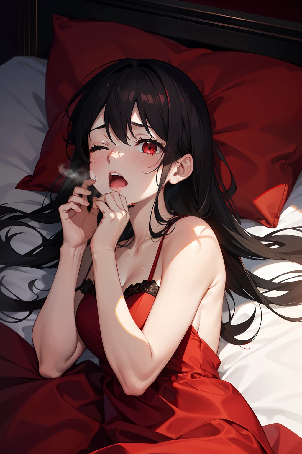 artistic photograph, Real light and shadow ,night,bed room,lying on red bed,1 beautiful girl,((red silk nightdress)),happy sex,cum on dress,(((Liquid on the face))),((steaming body)),A soaked body,Open your mouth and scream,The white mist exhaled,Steam,Trembling,Overhead shot, first person, eyes closed and mouth open, sweating, upper body close-up,(((black hair))),Red eyes,(long hair),(Red petal),Exhausted, absent-minded,