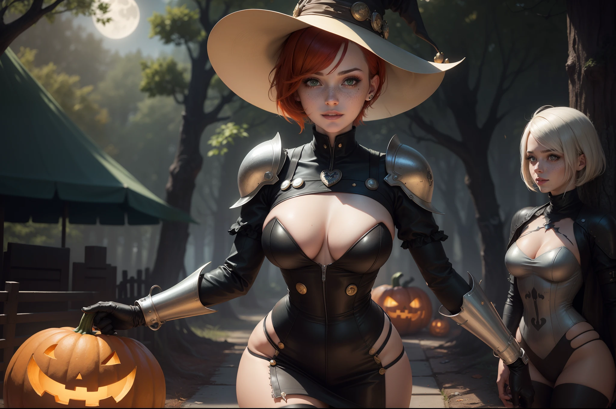 gwen tennyson,tracer,yorha 2b,rebecca chambers,atelier ryza,nier automata,1girl, close up,mecha pilot,halloween forest, gold and orange plugsuit,hair pin,pirate corset,silver long sleeve lycra top,steel leggings,short hair,cute makeup, green eyes,red and gold hair,shy smile, freckles,redhead,beautiful girl,large breasts,ultra detailed,realistic,fantasy art,bodycon dress,steel armor,halloween pumpkin,moonlight,witch cloak,neck and head jewelry,witch hat,witch staff,