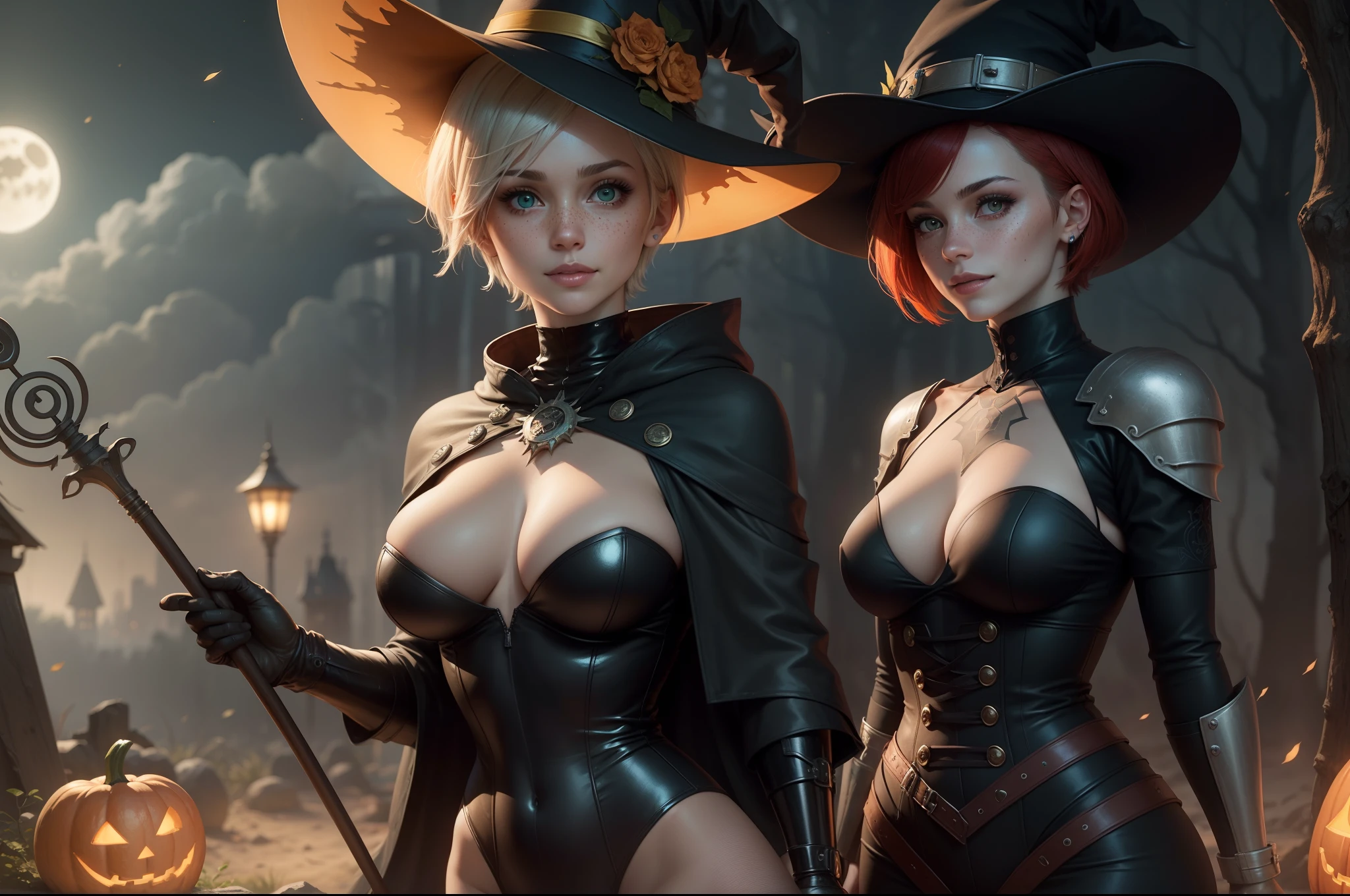 gwen tennyson,tracer,yorha 2b,rebecca chambers,atelier ryza,nier automata,1girl, close up,mecha pilot,halloween forest, gold and orange plugsuit,hair pin,pirate corset,silver long sleeve lycra top,steel leggings,short hair,cute makeup, green eyes,red and gold hair,shy smile, freckles,redhead,beautiful girl,large breasts,ultra detailed,realistic,fantasy art,bodycon dress,steel armor,halloween pumpkin,moonlight,witch cloak,neck and head jewelry,witch hat,witch staff,