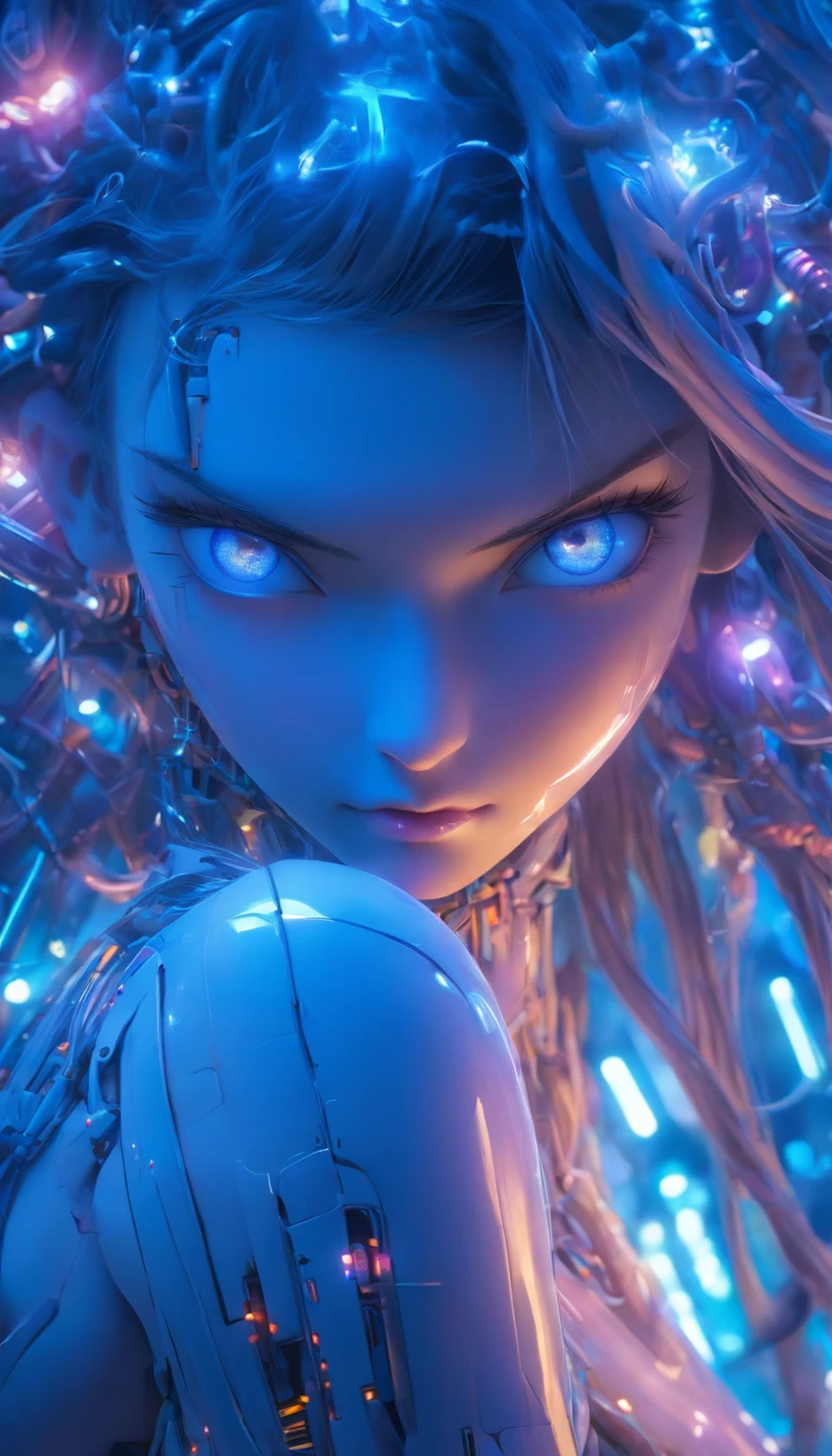 Ladies porcelain Android, droid, cyborg robot parts, 150 mm,full bodyesbian, Beautiful soft light studio, Tire lights, vibrant detail,lacing, ultra-realistic realism, anatomically, electrical wires, micro Chip, ellegance, Back-office lab, rendering by octane, h.R Gig style, 8K,blue  hair,Asymmetrical long hair,with translucent body,greene eyes, Miki Asai Macro photography, full bodyesbian, ultra - detailed, Trend at Artstation, foco nítido, Studio photos, intricately details, highly  detailed, Pol Greg Rutkovsky