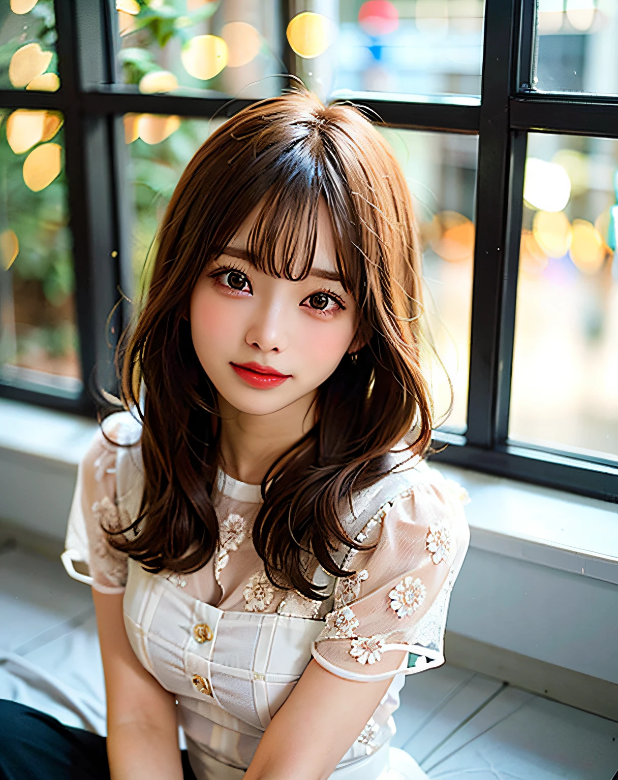 Best Quality, 超A high resolution, (Photorealistic:1.4), Raw photo, (upper thigh, From Side:0.7), (Bokeh:1.5), (sit on a bed), (in a suite:1.6),window,
1日本人の女の子, Cute, (Solo:1.6), (Shy smile), (Brown eyes), Smooth skin, (Brown medium hair,Bangs),(Small chest),Delicacy, (touch hair:1.4),
(off-white transparent clothes:1),