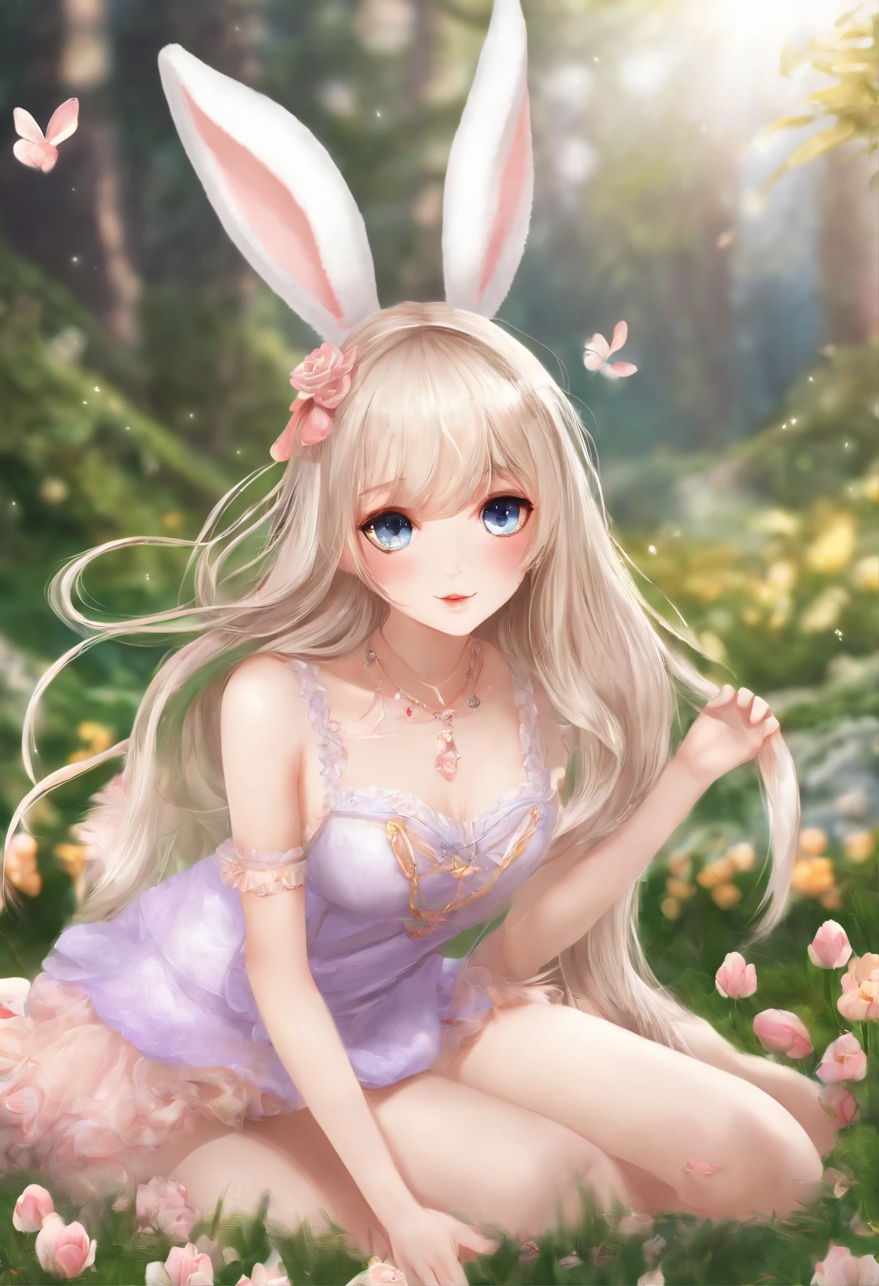 (a) high quality, high resolution:1.2, ultra-detailed, realistic:1.37, vibrant colors, bokeh, studio lighting, HDR
(b) bunny girl with beautiful detailed eyes, bunny girl with beautiful detailed lips, bunny girl in a stunning pose, bunny girl in a seductive outfit, bunny girl with long, flowing hair
(c) vibrant and dynamic background, with colorful Easter eggs scattered around, fresh spring flowers blooming, and lush green grass
(d) a cute bunny tail attached to the back of the bunny girl's outfit, fluffy and soft to touch
(e) the bunny girl gracefully performing a perfect split, displaying her flexibility and agility
(f) art medium: digital illustration, with a touch of anime art style, combining detailed linework and vibrant colors
(g) color palette: pastel shades with pops of vibrant colors to create a playful and enchanting atmosphere
(h) lighting: soft, warm lighting illuminating the bunny girl from the back, creating a gentle halo effect around her silhouette