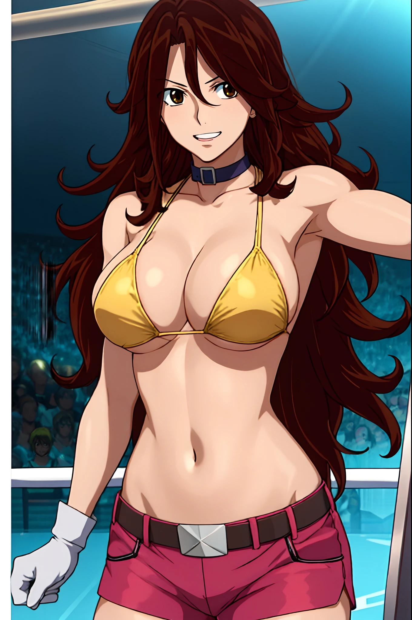 curvy midsection, solo, 1 girl, female wrestler, ultra toned arms, smile, ), (detailed titration screen, upper body only, anime style: 1.8, anime drawing, ultra detailed face, ultra detailed body, 4k, Sumergai Lee Noriega, (standing), best quality, anime style, hires, highest definition, digital blending, bold drawing lines, ((wwe diva), ((location: wrestling arena, crowds watching)), ( pro female wrestler, slim body, (little biceps), , off-shoulders, closed fists, (very curvy: 2.8)), ((elegant bikini , shorts, white gloves, collar, arm band, (champion belt))), (pale skin, big breasts, widely open mouth, teeth), (big eyes, brown eyes, shiny eyes), (), (brown hair, loose hair, curly hair, wavy hair, long hair, missy hair), 27 years old,