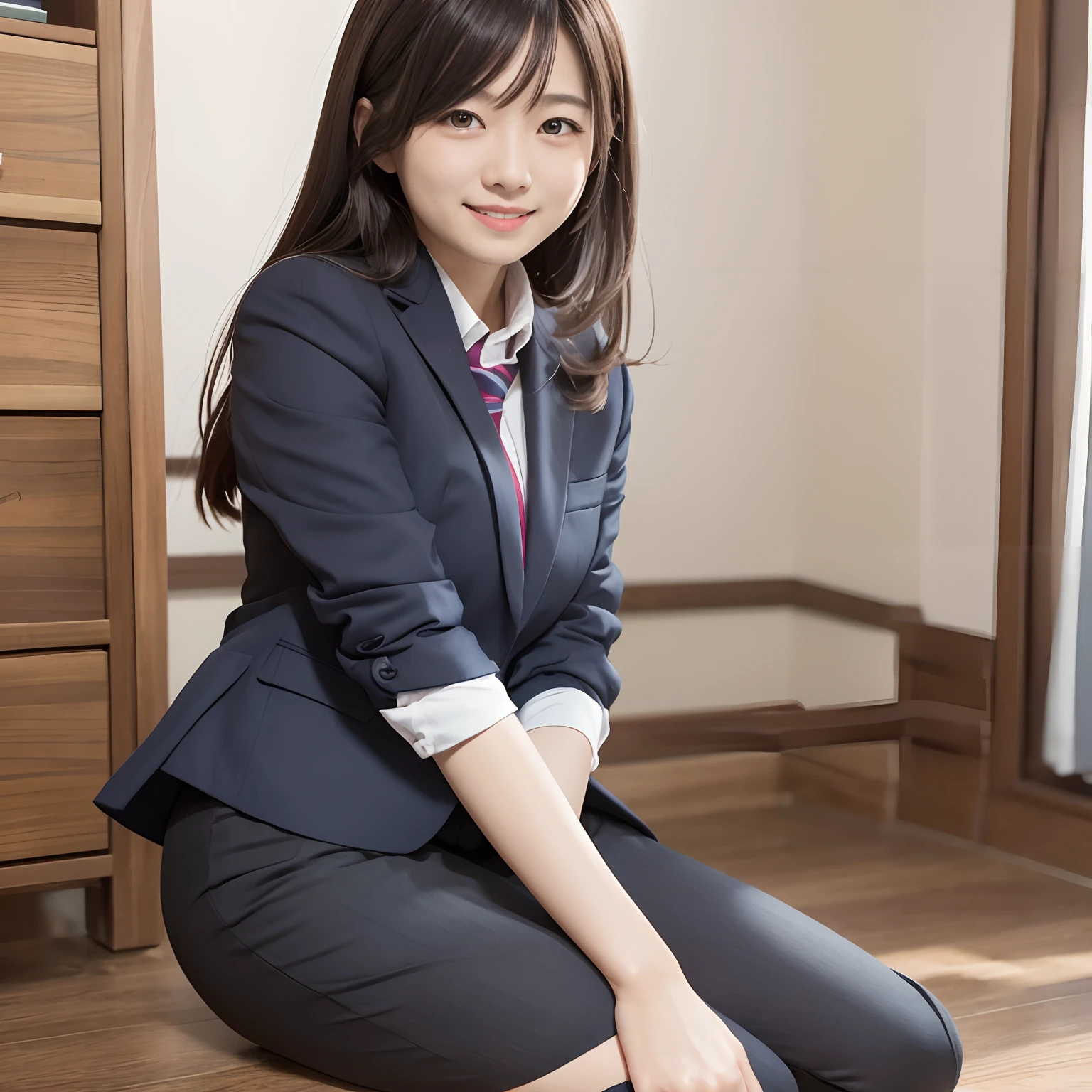 (Only one person), Pure Japanese young girl, outstanding body, beautiful legs, wearing formal business suits, (panty), high heels, vivid makeup and lips, thick eyebrows, formal black hair styles, sweet smile, secret temptation, professional portrait photography, sitting, lift up skirt, spread wide legs, soft sunshades, 