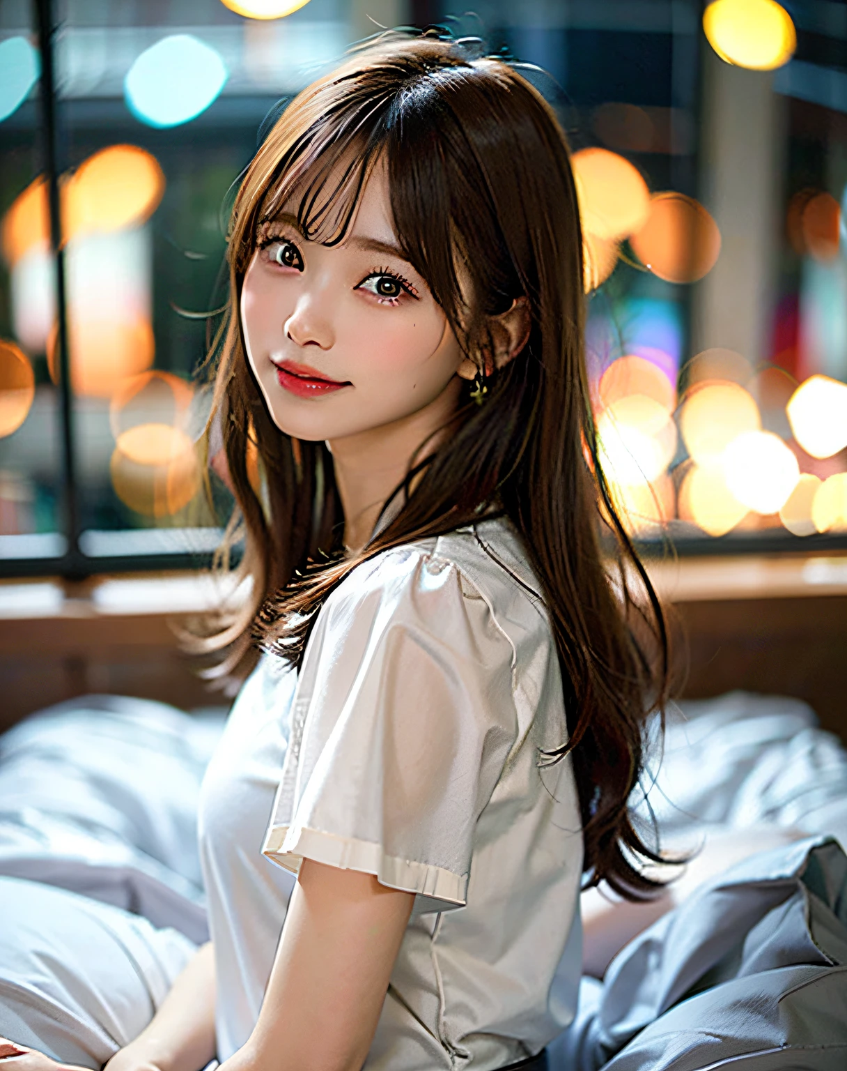 Best Quality, 超A high resolution, (Photorealistic:1.4), Raw photo, (upper thigh, From Side:0.7), (Bokeh:1.5), (sit on a bed), (in a suite:1.6),window,
1日本人の女の子, Cute, (Solo:1.6), (Shy smile), (Brown eyes), Smooth skin, (Brown medium hair,Bangs),(Small chest),Delicacy, (touch hair:1.4),
(off-white transparent clothes:1),