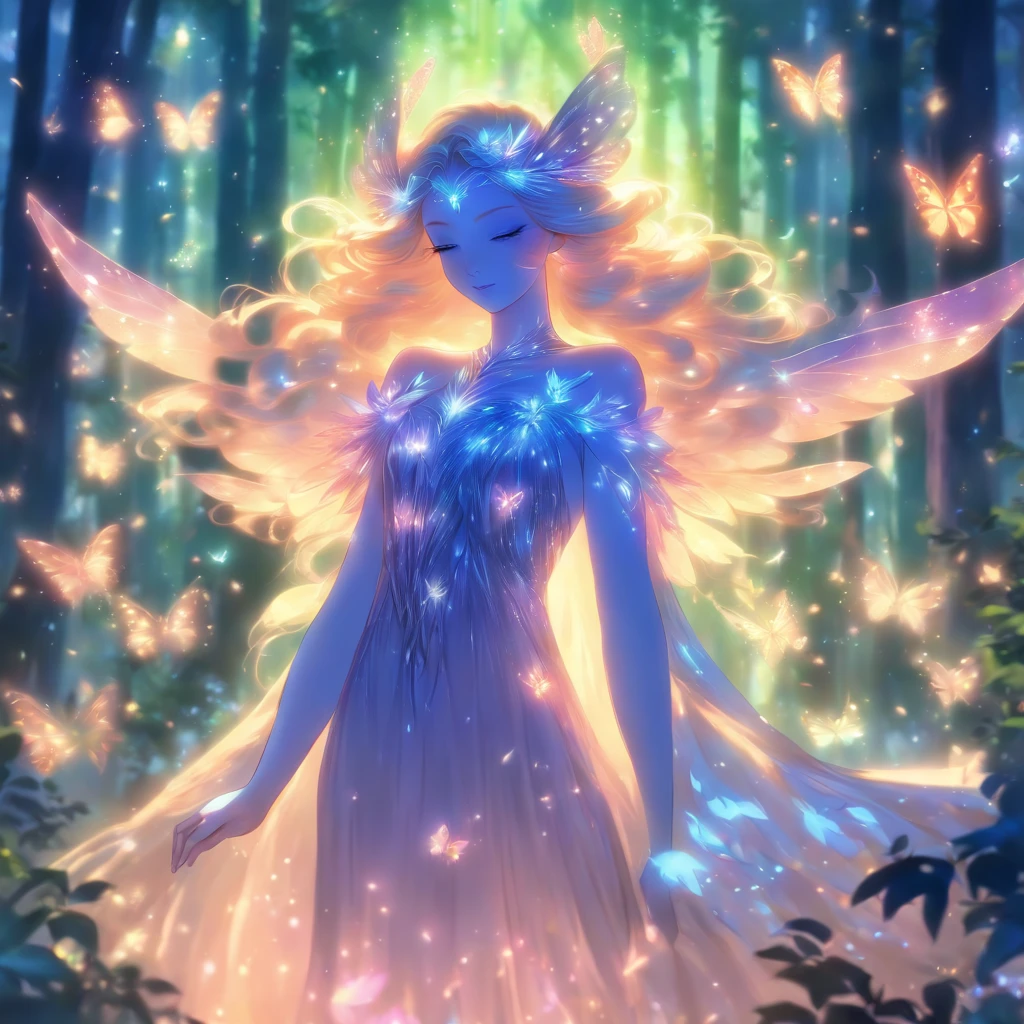 (best quality,ultra-detailed),forest queen goddess,ethereal,enchanted forest,beautiful detailed eyes,beautiful detailed lips,flowing gown,graceful pose,fairy wings,halo of light,magical crown,whispering trees,mystical atmosphere,soft sunlight filtering through leaves,dreamlike colors,fantasy art,whimsical,mythical,otherworldly,lush vegetation,serene expression,alluring presence,harmony with nature,dancing with butterflies,luminous glow,transcendent beauty,majestic presence,enchanted beings,ethereal glow,tranquil aura,peaceful ambiance