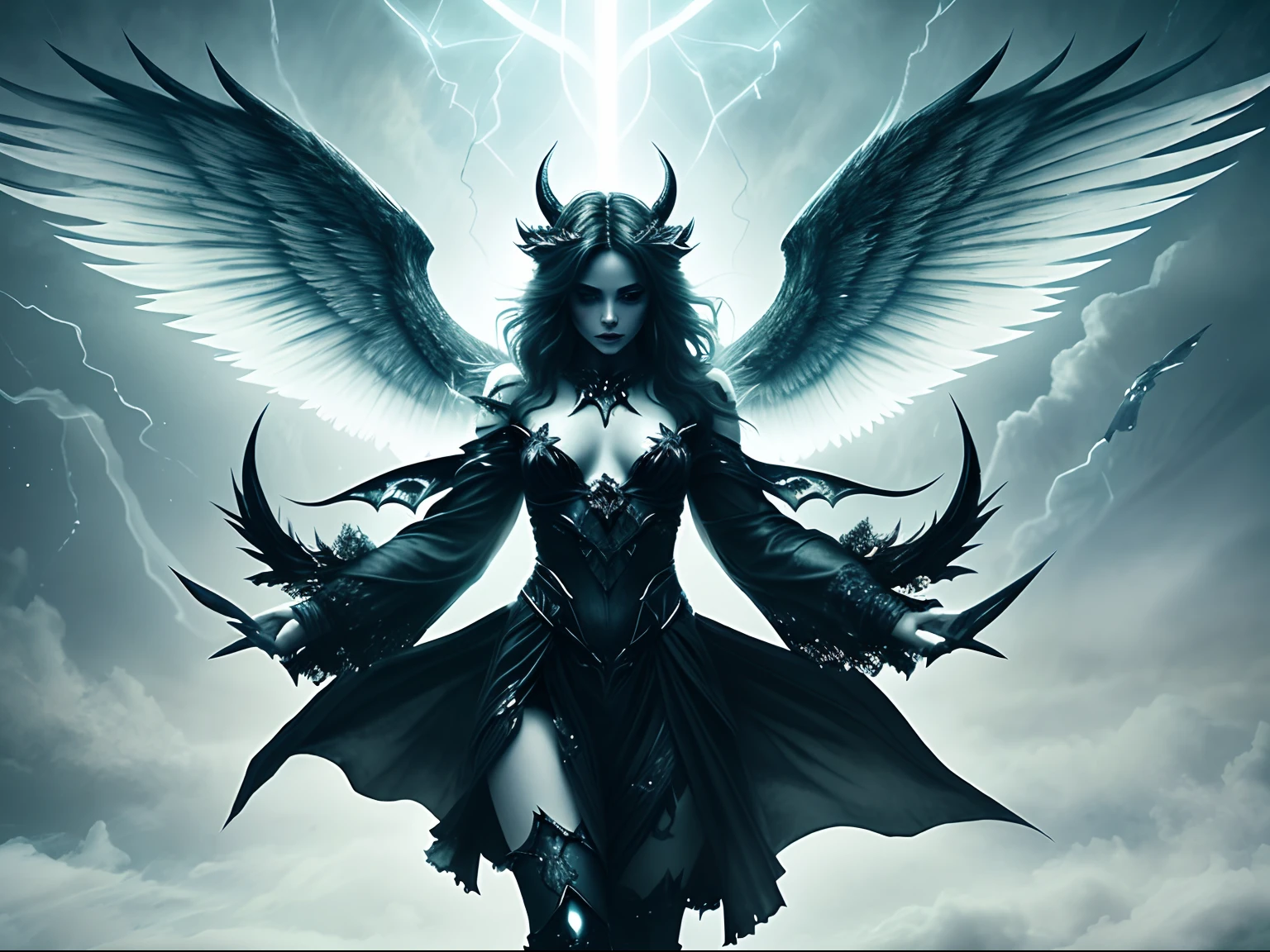 Image of a devilish female fallen angel demon suspended in the air in the, Image background there is an angelic landscape, Embracing a male angel of Light suspended in the air in the background of the image a landscape of divided Hell,