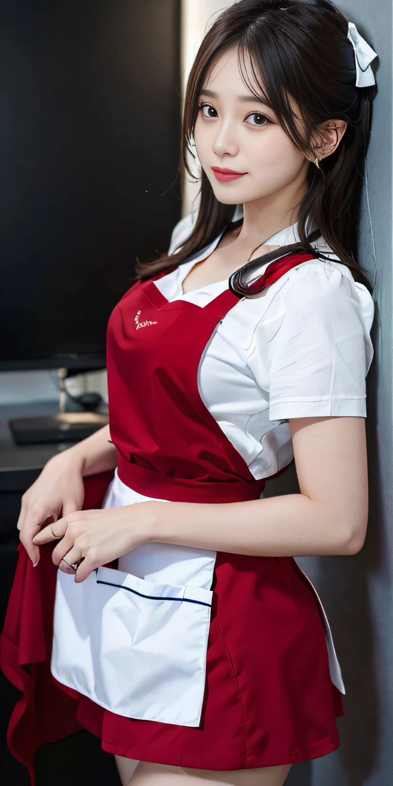 (RAW Photos:1.2),hightquality,Beautiful Details Girl,ssmile,Highly detailed eyes and face,beatiful detailed eyes,hight resolution,hight resolution,8k wallpaper,Up to detail,Highly detailed stock code uniform 8k wallpaper,(((Polar Red Apron)))Light on the face,cinmatic lighting, girl,pleatedskirt,(photorealisim:1.4),illustratio,Ultra-realistic realism, look from down,super detailing,tmasterpiece,photorealistic photos,photorealistic photos