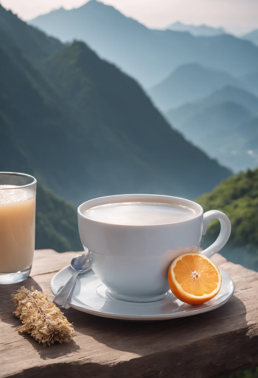 A cup of hot tea, A bowl of milk,farinha, Expressing the, En plein air, Mountain, Cinematic, Professional photography, Advertising photography, Intricate details, Hyper-detailed, Ultra photo realsisim, 8K UHD