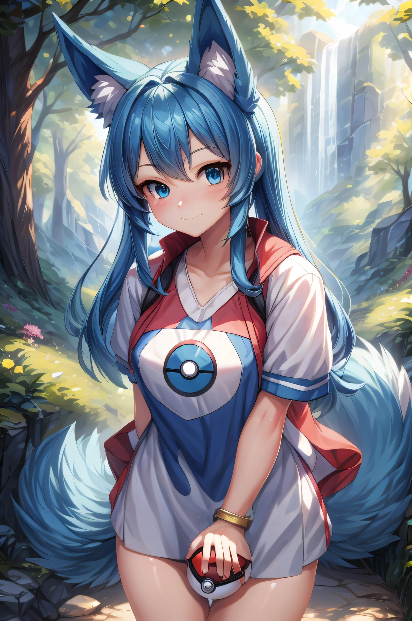 (Masterpiece) (High Detail) (High Res) A short petite humanoid girl with pale human skin and blue eyes and long blue hair and blue dog ears and a fluffy dog tail is dressed as a Pokemon trainer and is holding a pokeball. Various species Pokemon are around her in the scenery.