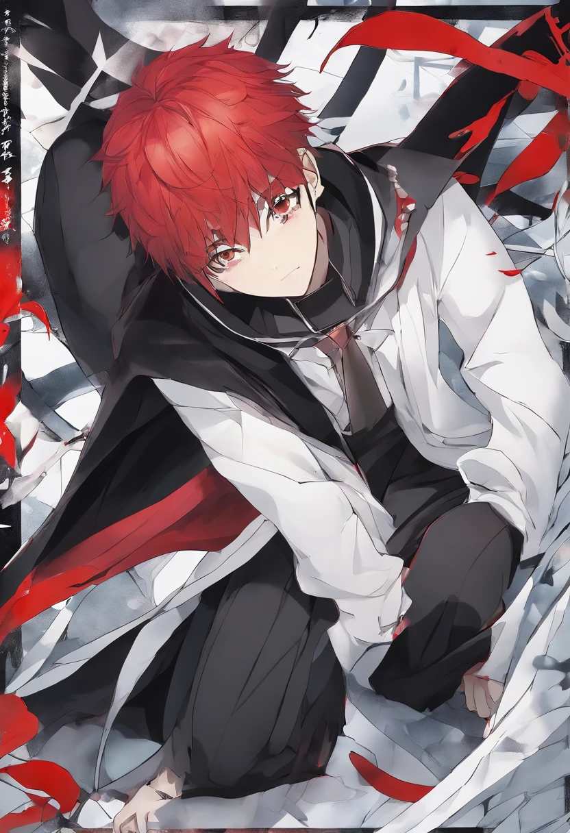 high-level image quality、high-detail、Image of Shuichi Akai、Black knitted hat、White chest-width shirt、Eyes have sharp eyeliner、Slender eyes、I'm wearing a black cloak、Black wide pants、Three wounds in the left eye、Red hair color