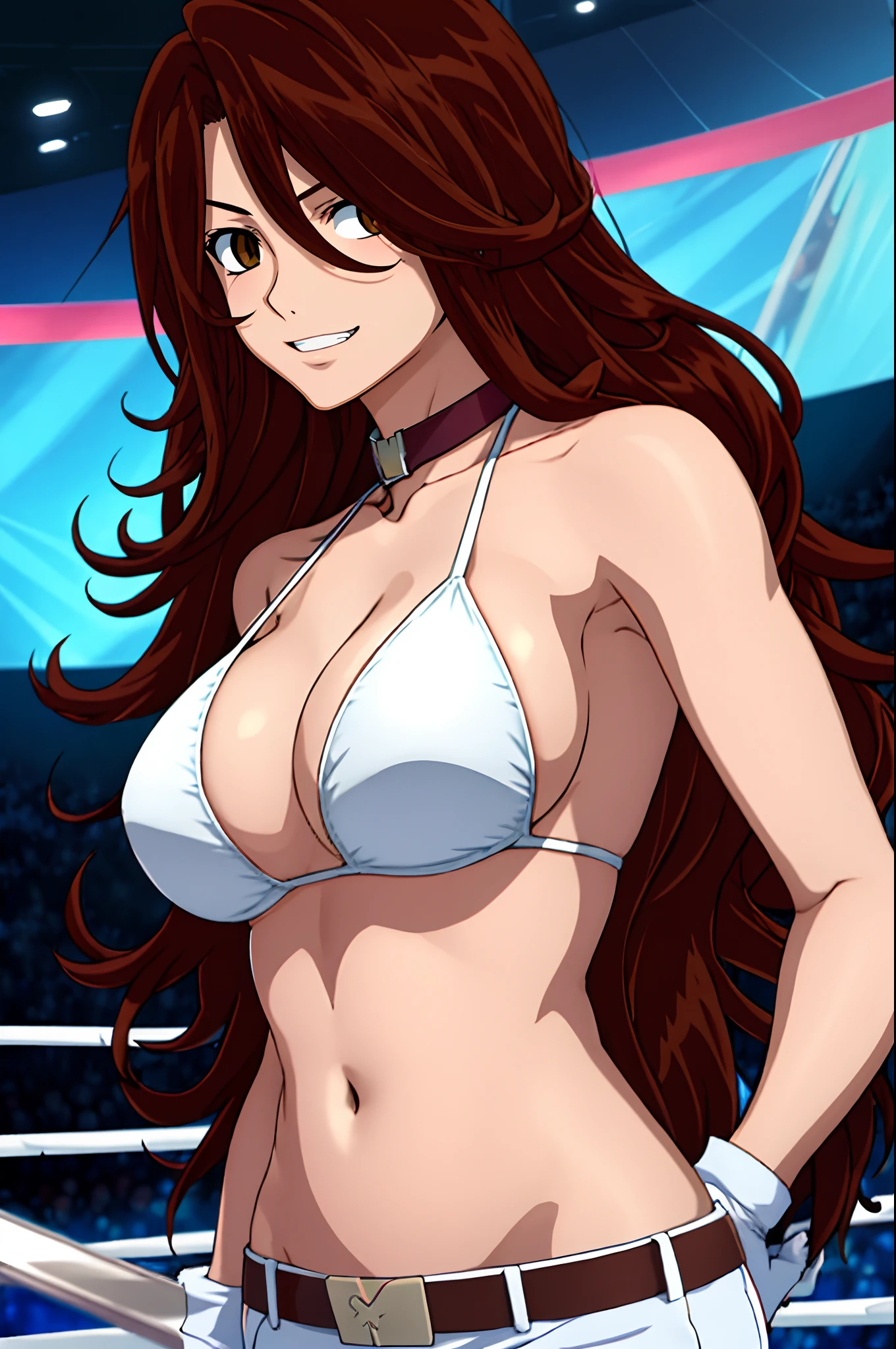 curvy midsection, solo, 1 girl, female wrestler, ultra toned arms, smile, ), (detailed titration screen, upper body only, anime style: 1.8, anime drawing, ultra detailed face, ultra detailed body, 4k, Sumergai Lee Noriega, (standing), best quality, anime style, hires, highest definition, digital blending, bold drawing lines, ((wwe diva), ((location: wrestling arena, crowds watching)), ( pro female wrestler, slim body, (little biceps), , off-shoulders, closed fists, (very curvy: 2.8)), ((elegant bikini , shorts, white gloves, collar, arm band, (champion belt))), (pale skin, big breasts, widely open mouth, teeth), (big eyes, brown eyes, shiny eyes), (), (brown hair, loose hair, curly hair, wavy hair, long hair, missy hair), 27 years old