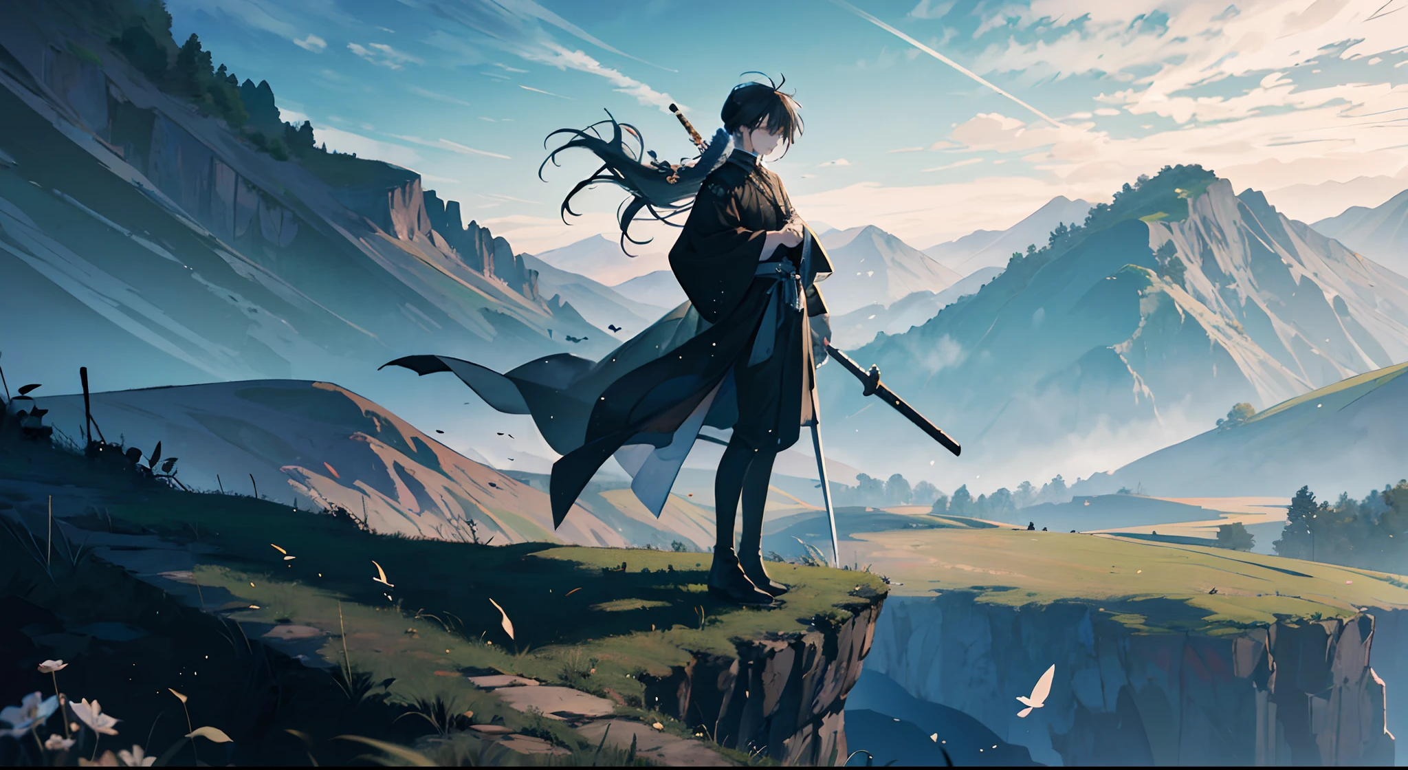 Stand on top of a cliff,Looking out over the forest,Wearing black gauze fluttering in the wind,The end of the gauze is slightly damaged,And cover the head,A long sword hangs from his waist.