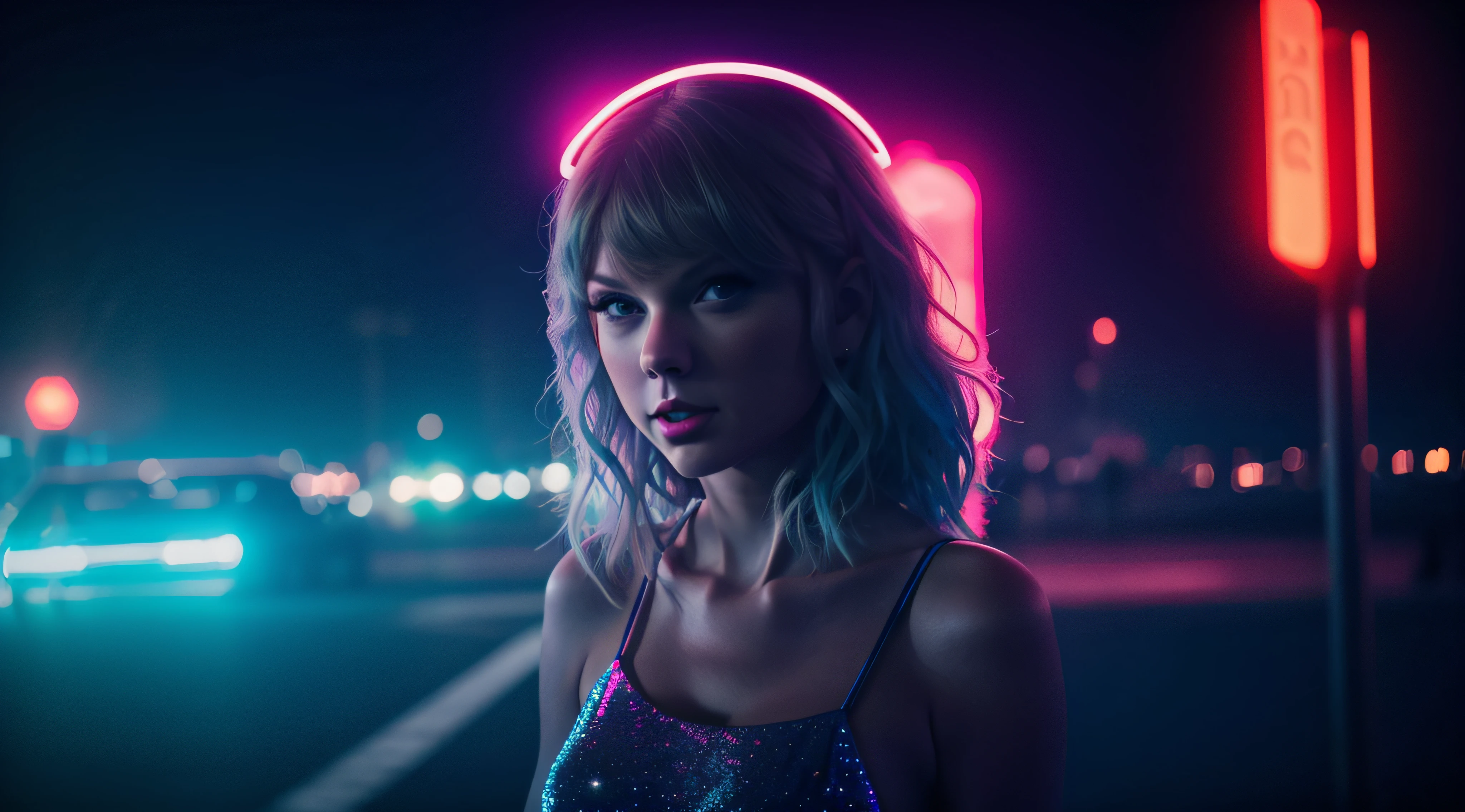 (obra prima) (ultradetalhada) (ultrarrealista) Taylor Swift, Neon light, noite, Foto premiada, BLN-L24, exposure,Alto contraste,low saturation,high saturation 8k 3D, f 2.8 lentes, Cinematic lighting