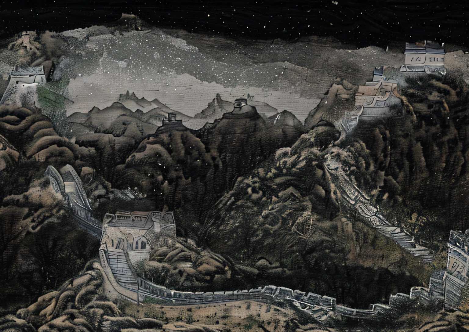 the night ，The Great Wall meanders to the top of the mountain ，Light style ，Traditional Chinese painting