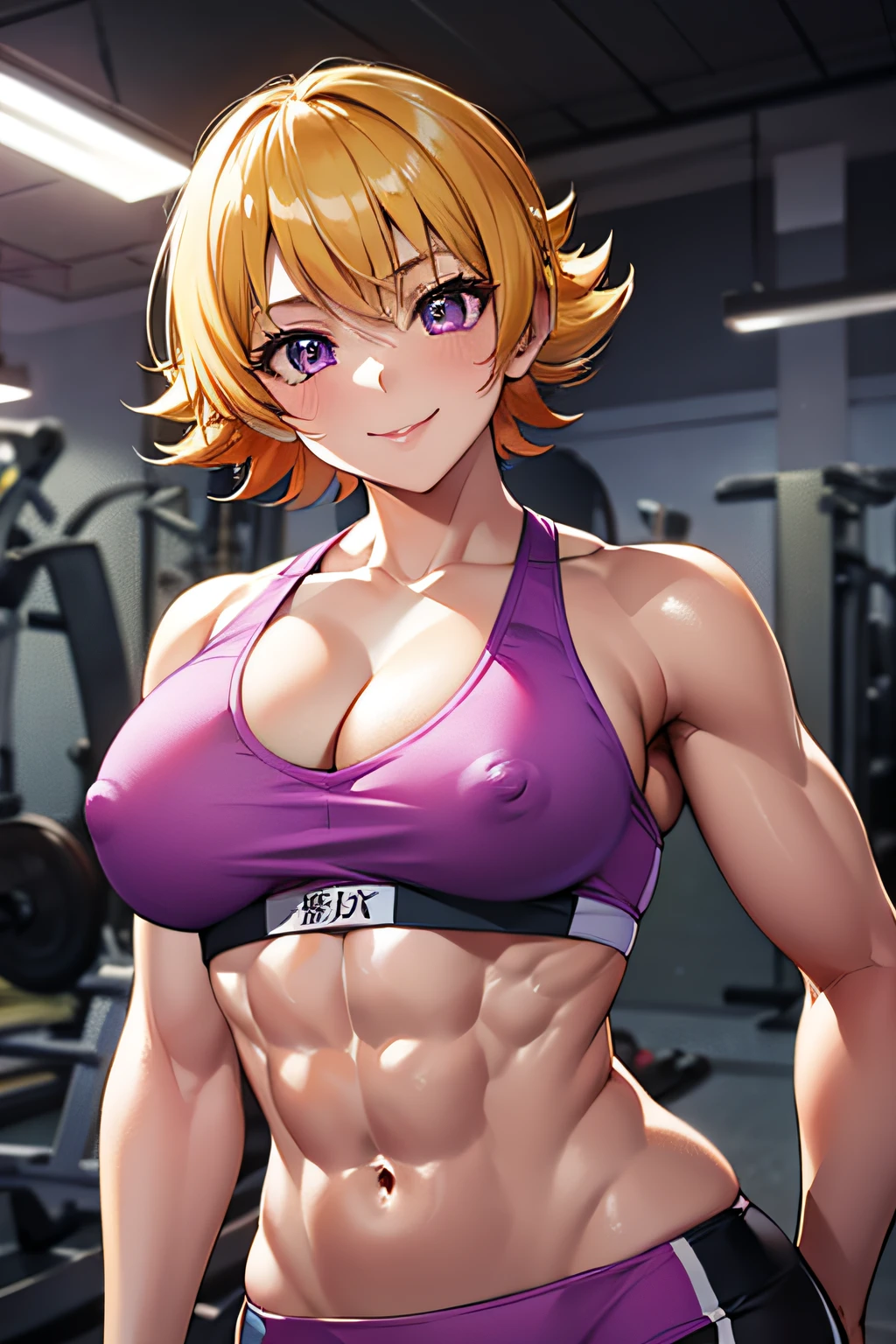 igawa,bikini bottom,sheer sports bra,erected nipples,cleavage,blonde hair,bobcut, purple eyes, looking at viewer,  in the gym, gym set up in the background , costly gym,cameltoe,(perspiring:1.1),musculature,(Toned abs),(highres, high quality:1.1), intricate details, cinematic lighting, 1girl,dynamic pose,smile,from below