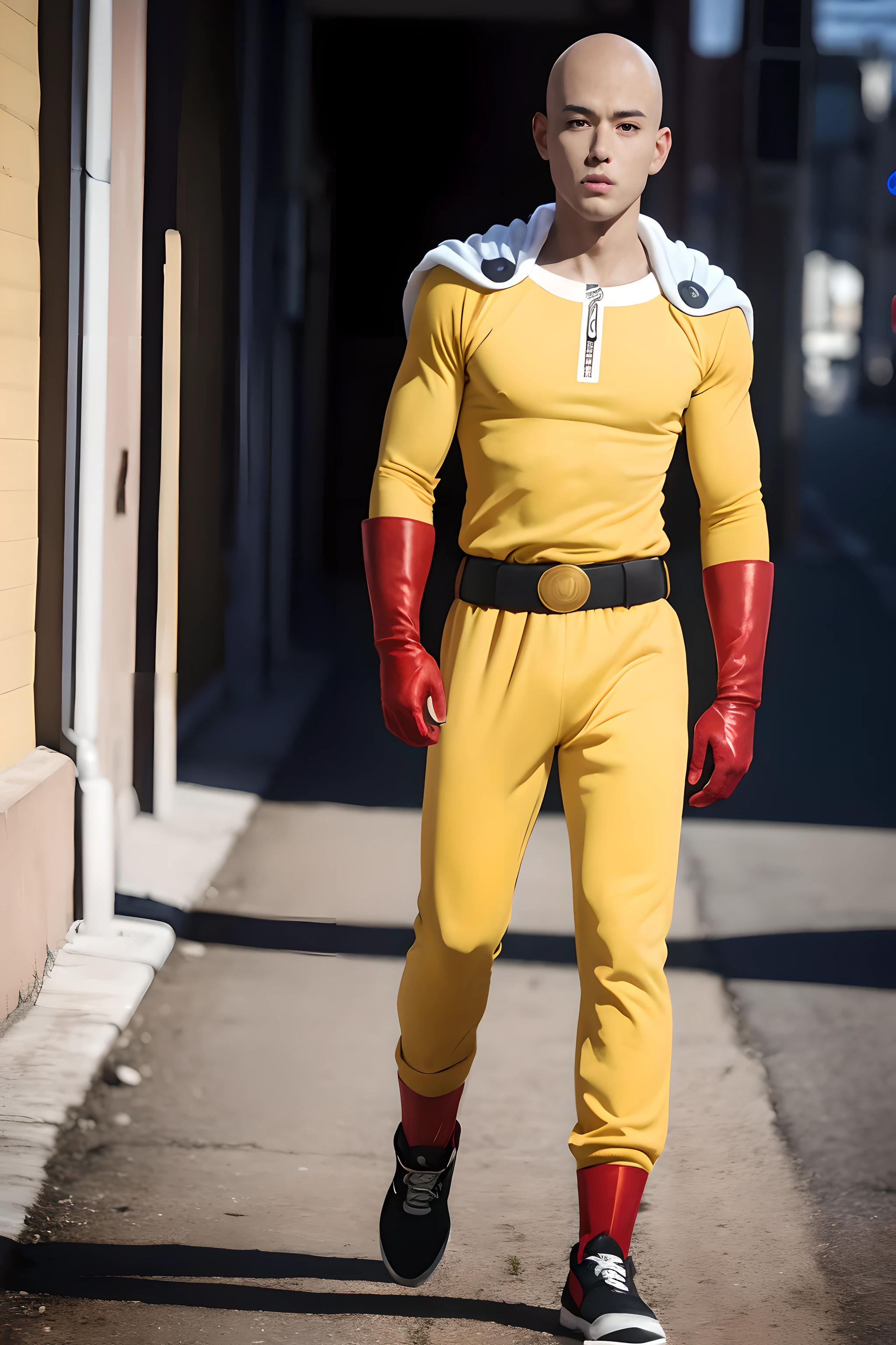 Bald head, Yellow clothes, white cape, Red gloves, Aura Power, Male Focus, (Full body), (masutepiece), Best Quality, Expressive eyes, Perfect face,20yr old, 8K, RAW portrait of、 超A high resolution, Best Quality, Dramatic,Realistic, Textured skin, A detailed eye, Black hair, beautiful detailed nose, full body Esbian, Looking at Viewer, Blurry background,