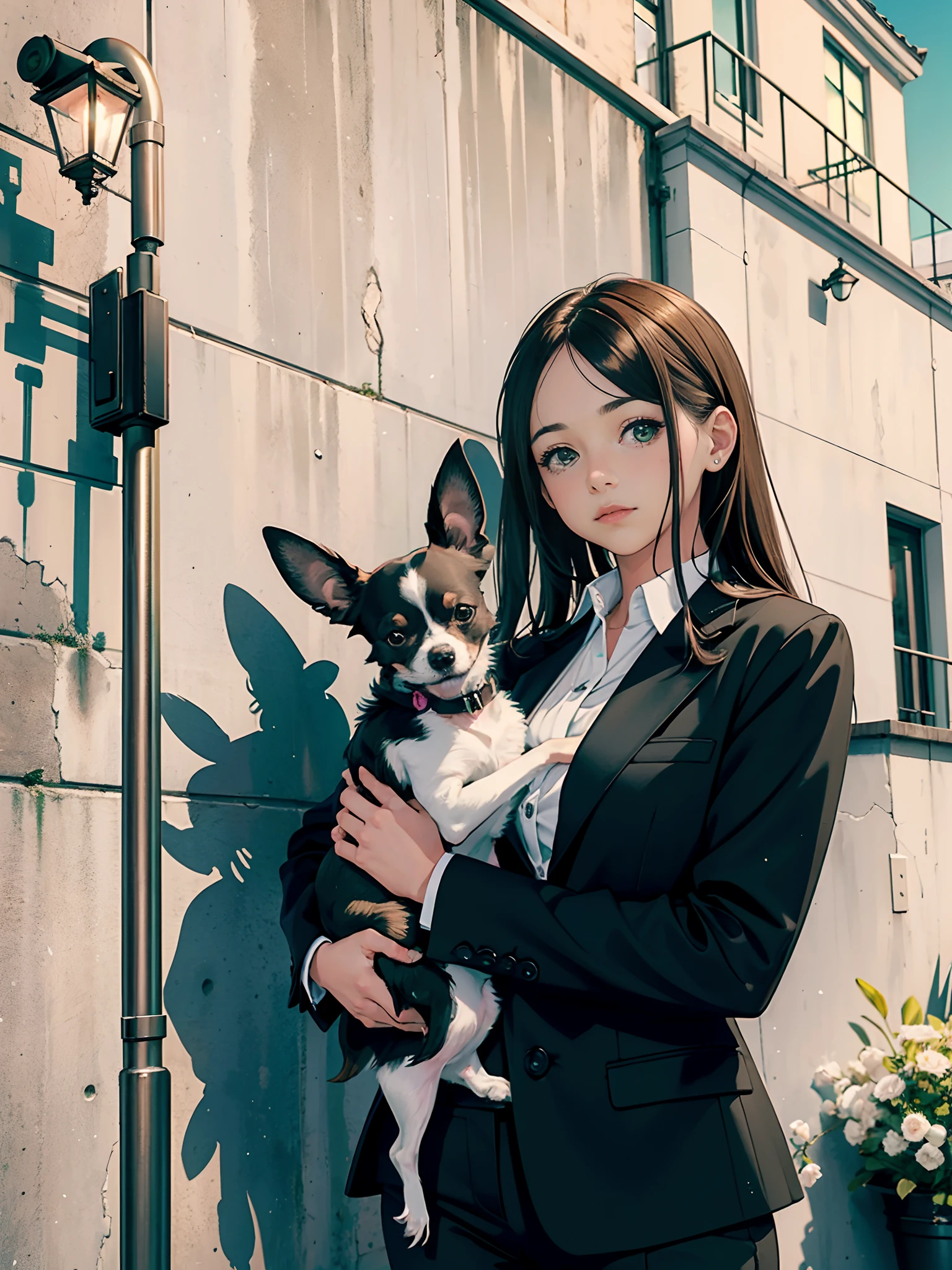 Young girl with black and white Chihuahua dog in her arms, Against the background of the wall on the street, Street Light, higly detailed, Green eyes, wearing business suit, face turned to the camera, Pure Young Face, Light-brown hair