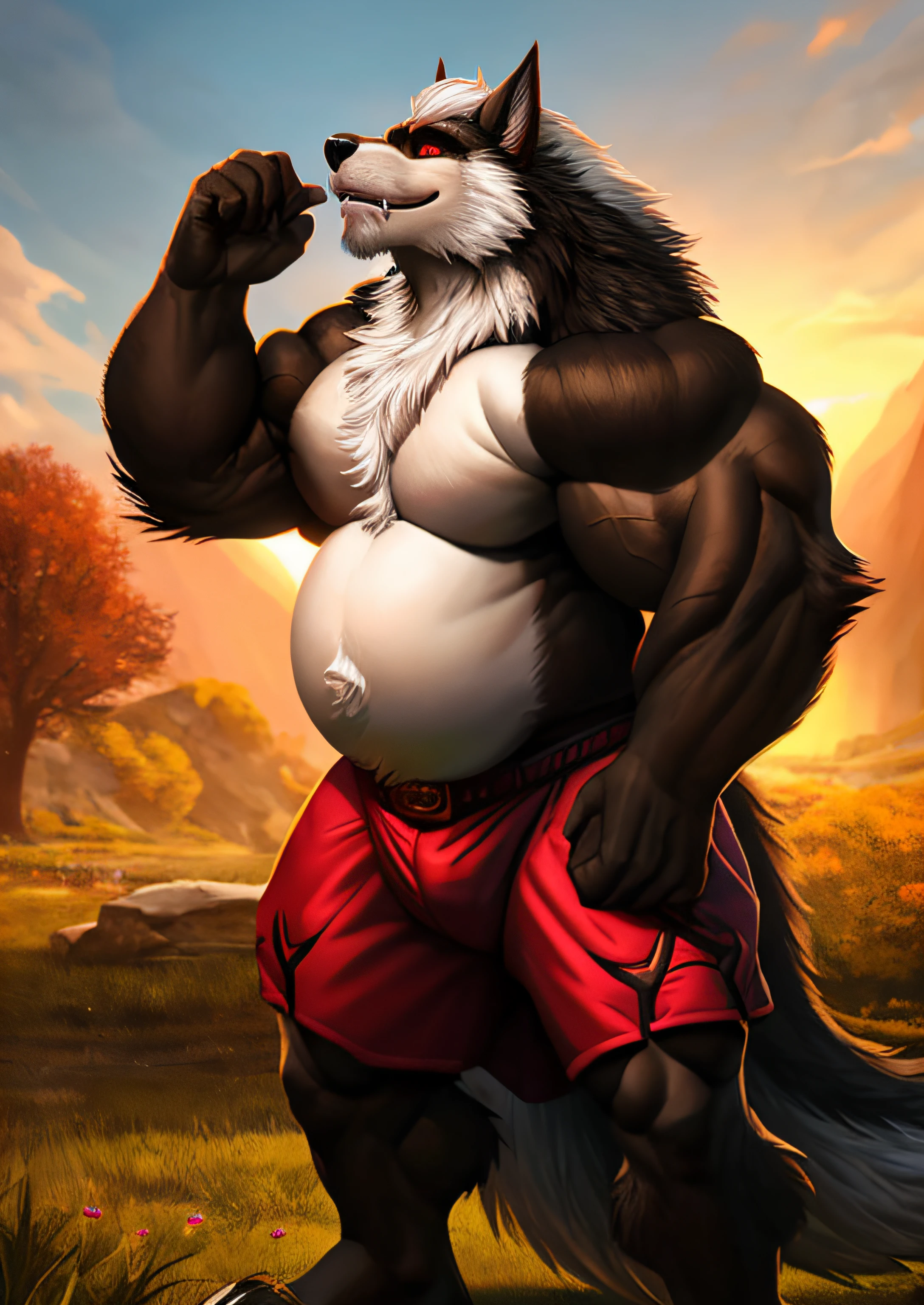 A beautiful and detailed full-size portrait of a character (Korrekte fette Anatomie), 8K Werewolf Anthro Female Hyper Fat Colossal Inflated Belly Big Biceps With Detailed Genital Red Thick Big With 2 Legs And 2 Arms With Detailed Fluffy With Detailed Big Colossal Hanging Breasts Big Long Thick Red, Detaillierte ausdrucksstarke rote augen, (Highly detailed, black and white fur-covered body with fur, white belly, black body) White hair, aussehend bei Betrachter verlegend schauend , 5 finger und 4 Zehen, smil , Completely fat naked body, gespreizte Beine , hintergrund Wald Gebirge sonnenschein extrem detailliert CG Einheit 8K Hintergrundbild, Realistisch, Meisterwerk, highest quality, Blendenfleck, Unreal-Engine,kompliziert, hohe Details, dramatisch, realismus, beautiful and detailed Cenematic lighting during the day, Perfektes Gesicht,( Right Hands ), depth of fields , Atemberaubende Umgebung (fotoRealistisch) 8k