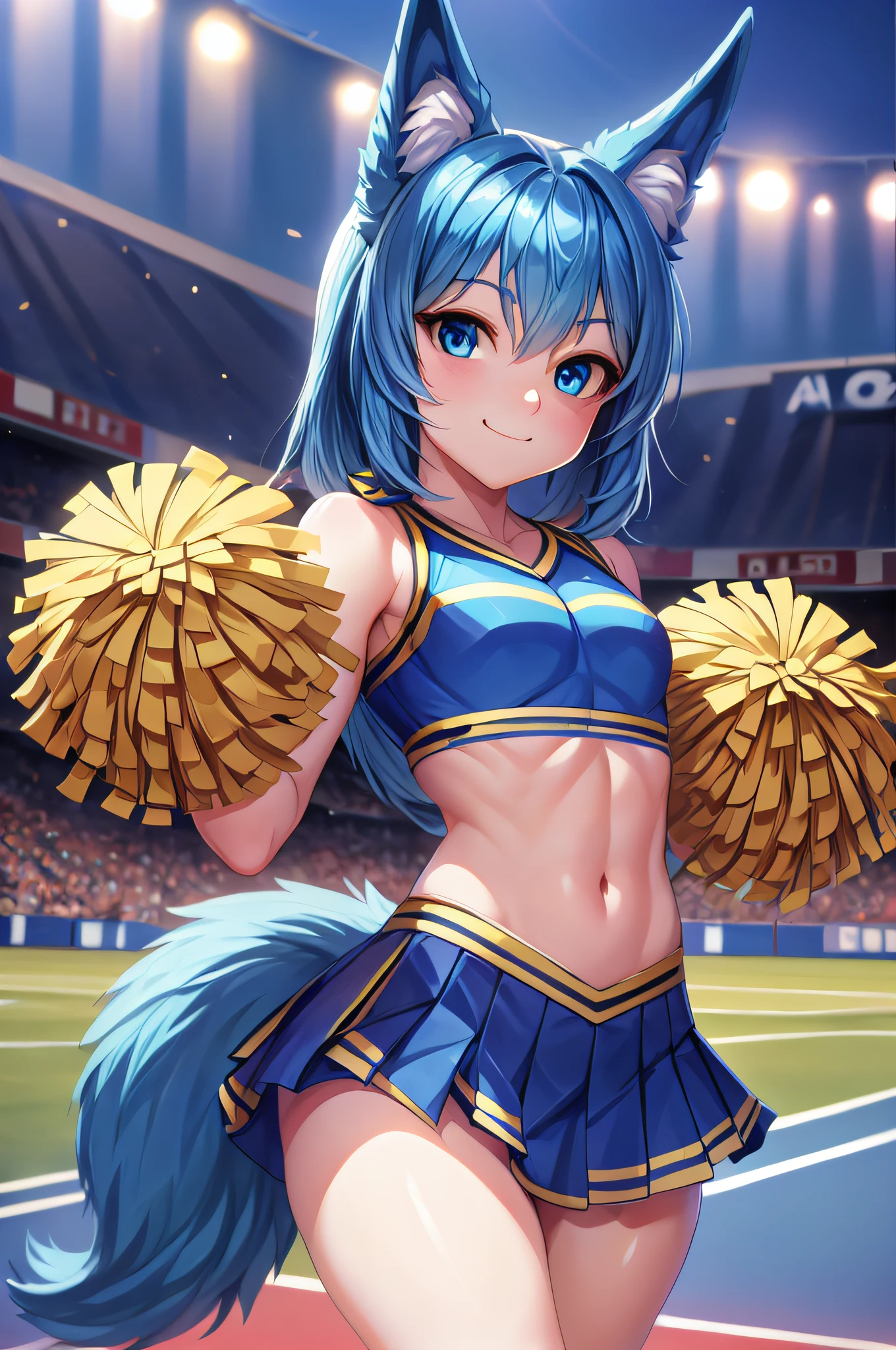 (Masterpiece) (High Detail) (High Res) A short petite humanoid girl with pale human skin and blue eyes and long blue hair and blue dog ears and a fluffy dog tail is dressed as a cheerleader with golden pompoms, and a black and gold cheerleader outfit.