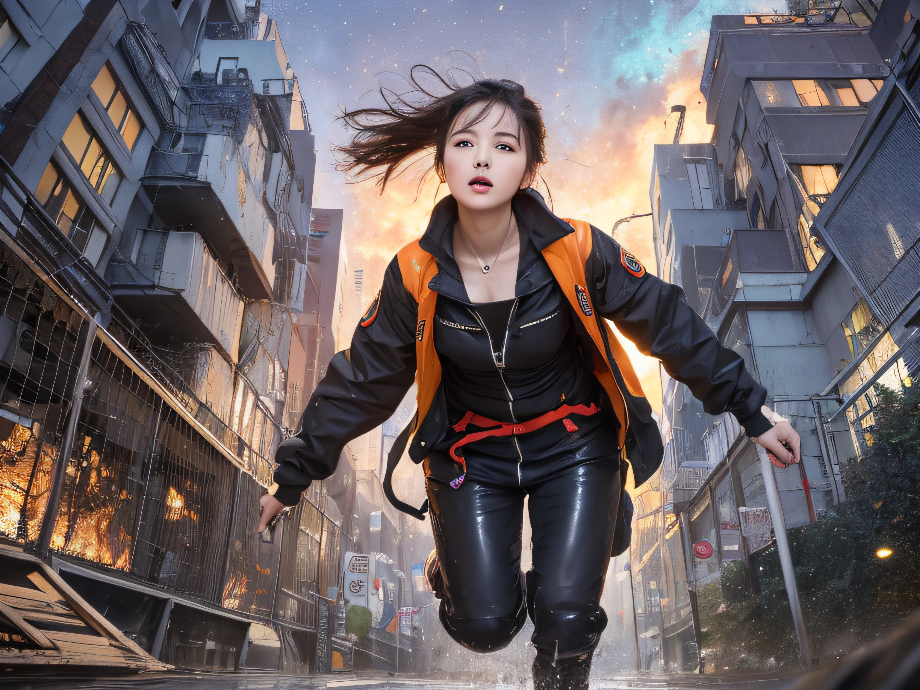 Top image quality, 电影灯光, octan render, ultrasharp, 1girl in, japanes, embarassed face, glowy skin, Detained fugitives, Running figure, Brown hair, short-cut, Full body white pilot suit:1.3, cleavage of the breast, cyberpunked, Night sky with countless stars twinkling, Shining Milky Way, Heavy rain:1.3, Ruins, Laser beam attack, big explosion:1.3, Pillar of fire:1.2, A city engulfed in flames, floods, wetting hair:1.5, wetted skin:1.5, puddle, Detailed eyes, detailed skin textures, cammel toe, Detailed CG image quality, 8mm fisheye lens, Angle looking up from below:1.2, (Full Body Angle), The whole body is soaking wet, Fast shutter speed,