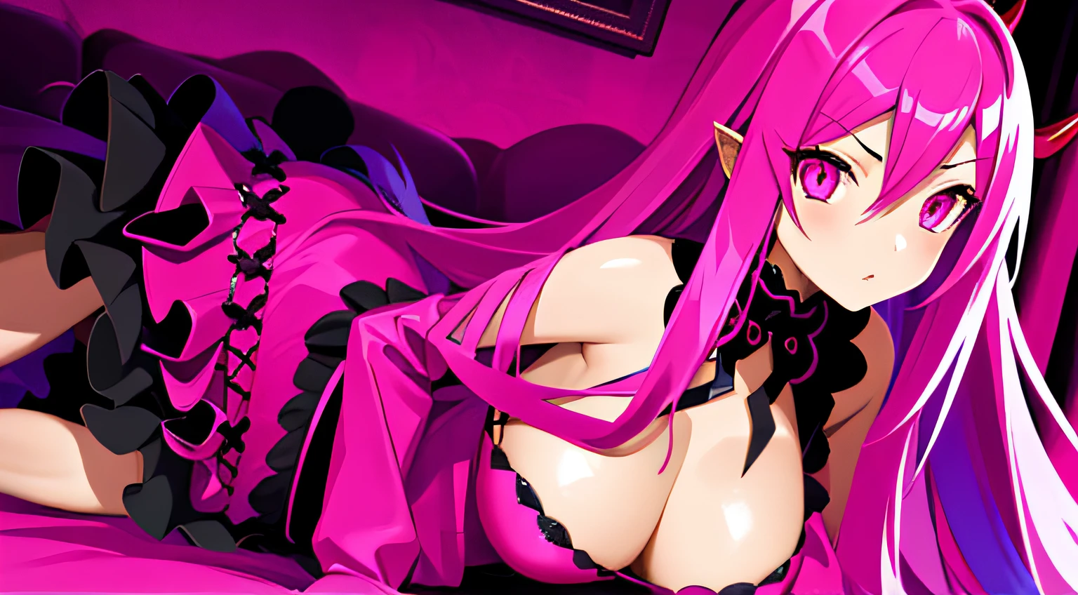 demon girl, pink hair, pink eyes, dress, gothic dress, ornament
