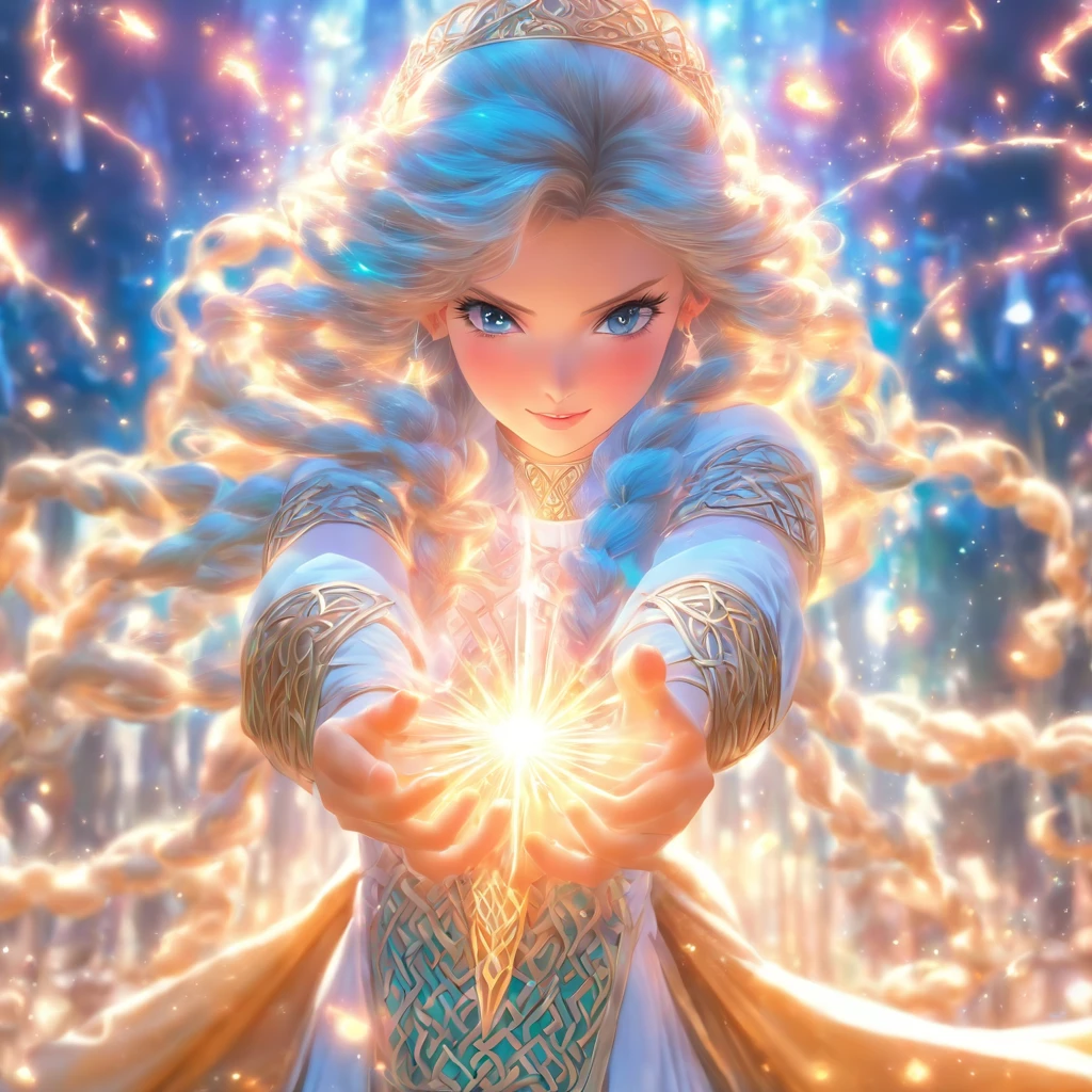 (((Ethniu))) best quality, ultra-high resolution, 4K detailed CG, masterpiece,Celtic Princess Woman,Celtic clothing,white clothing,Celtic mythology, ((Princess)) , Celtic image, aesthetic, centered on screen