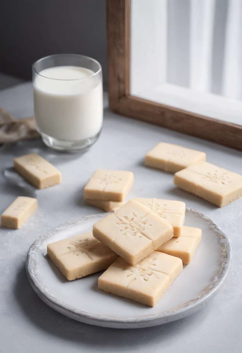 3 shortbread,A bowl of milk,farinha, Expressing the, beside the window, Mountain, Cinematic, Professional photography, Advertising photography, Intricate details, Hyper-detailed, Ultra photo realsisim, 8K UHD