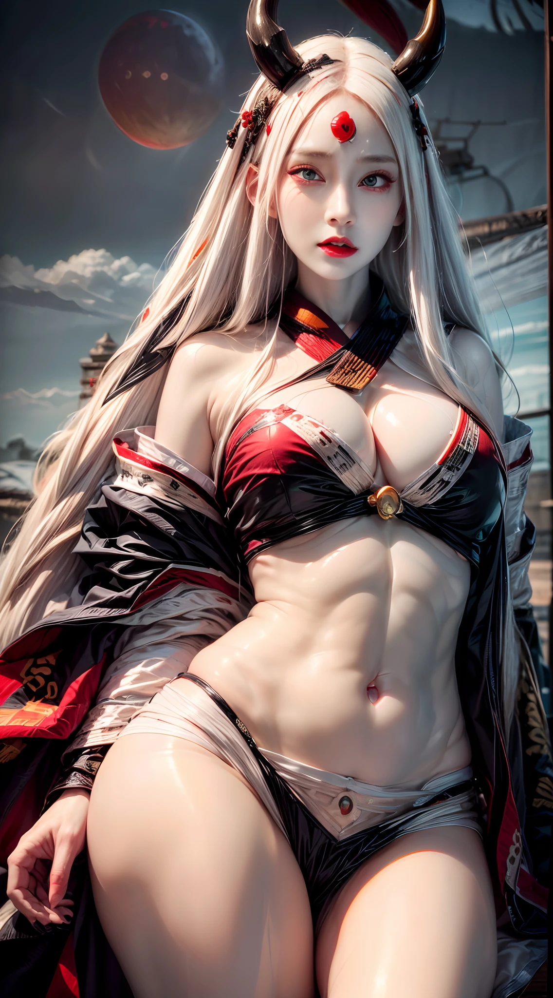face lighting,bright backlight,super high resolution,best quality,Photos,4k,(Realistic:1.2),huiye,1girl,(kimono:1.1),(the third eye:1.3),horns,(pale skin:1.5),(white hair:1.2),long hair,(night:1.2),
(red moon:1.4),