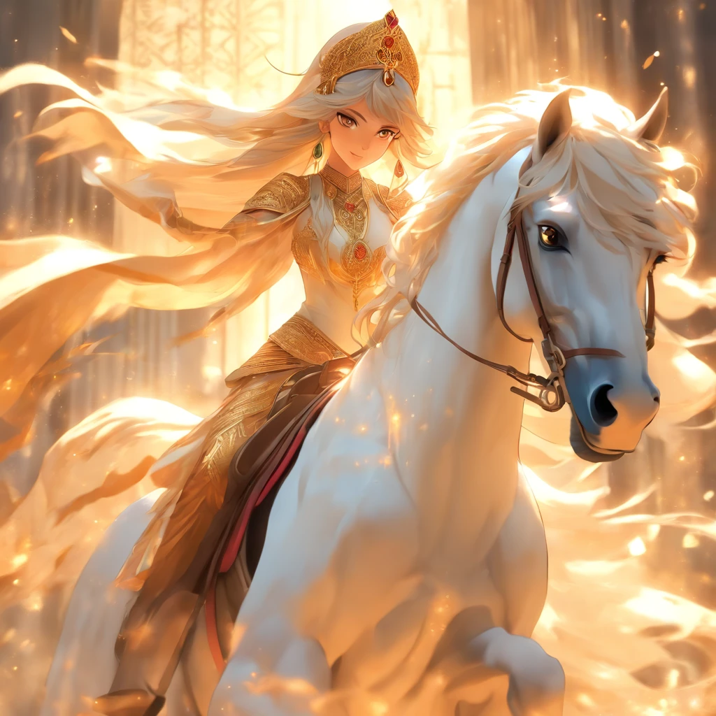 (((TISHTRYA))) best quality, ultra-high resolution, 4K detailed CG, masterpiece, Persian goddess, white horse, Persian clothing, Persian mythology, aesthetics, ((riding on horse)), Beautiful image, centered on the screen