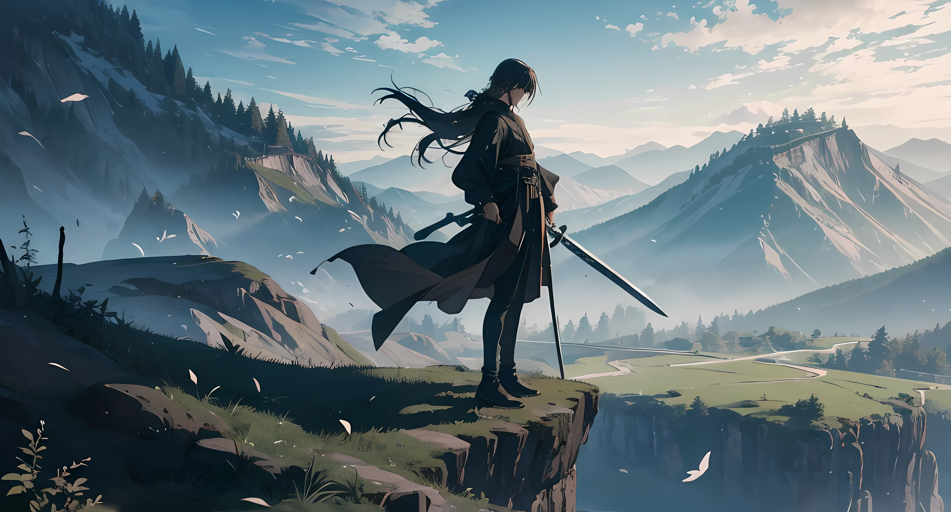Stand on top of a cliff,Looking out over the forest,Wearing black gauze fluttering in the wind,The end of the gauze is slightly damaged,And cover the head,A long sword hangs from his waist.