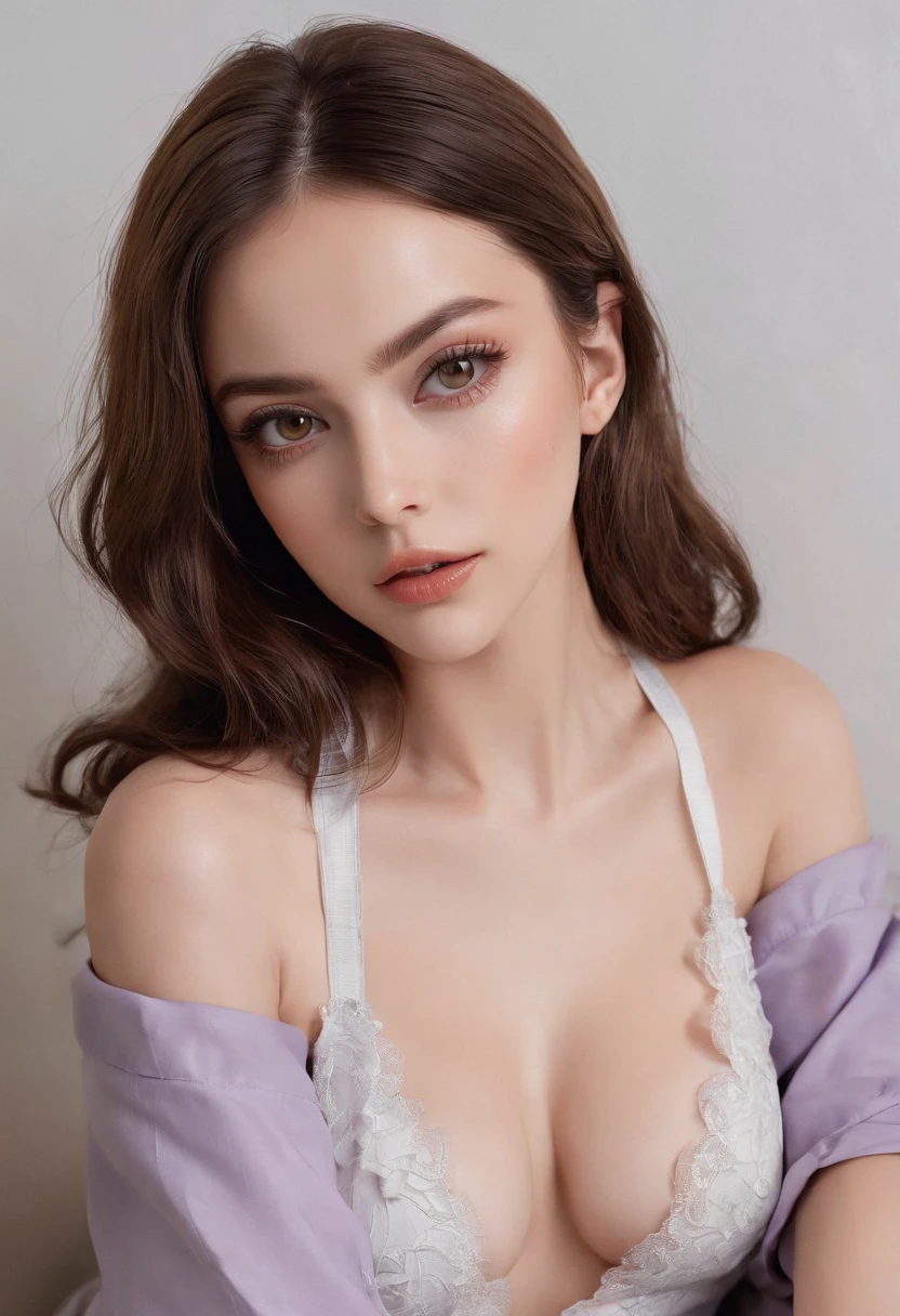 Arafed Full Woman, Sexy Girl with Brown Eyes, Ultra Realistic, Meticulously Detailed, Portrait Sophie Mudd, Brown Hair and Big Eyes, Selfie of a Young Woman, Dubai Eyes, Violet Myers, No Makeup, Natural Makeup, Looking Directly at the Camera , face with artgram, subtle makeup, Stunning full body photo kneeling on bed, In the bedroom, Medium to large size bust, (photo taken from above: 1.3)