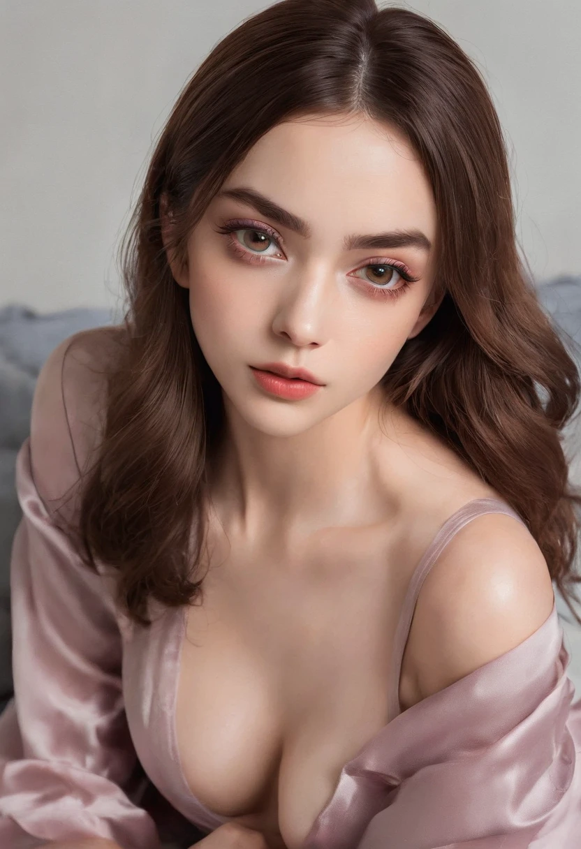 Arafed Full Woman, Sexy Girl with Brown Eyes, Ultra Realistic, Meticulously Detailed, Portrait Sophie Mudd, Brown Hair and Big Eyes, Selfie of a Young Woman, Dubai Eyes, Violet Myers, No Makeup, Natural Makeup, Looking Directly at the Camera , face with artgram, subtle makeup, Stunning full body photo kneeling on bed, In the bedroom, Medium to large size bust, (photo taken from above: 1.3)