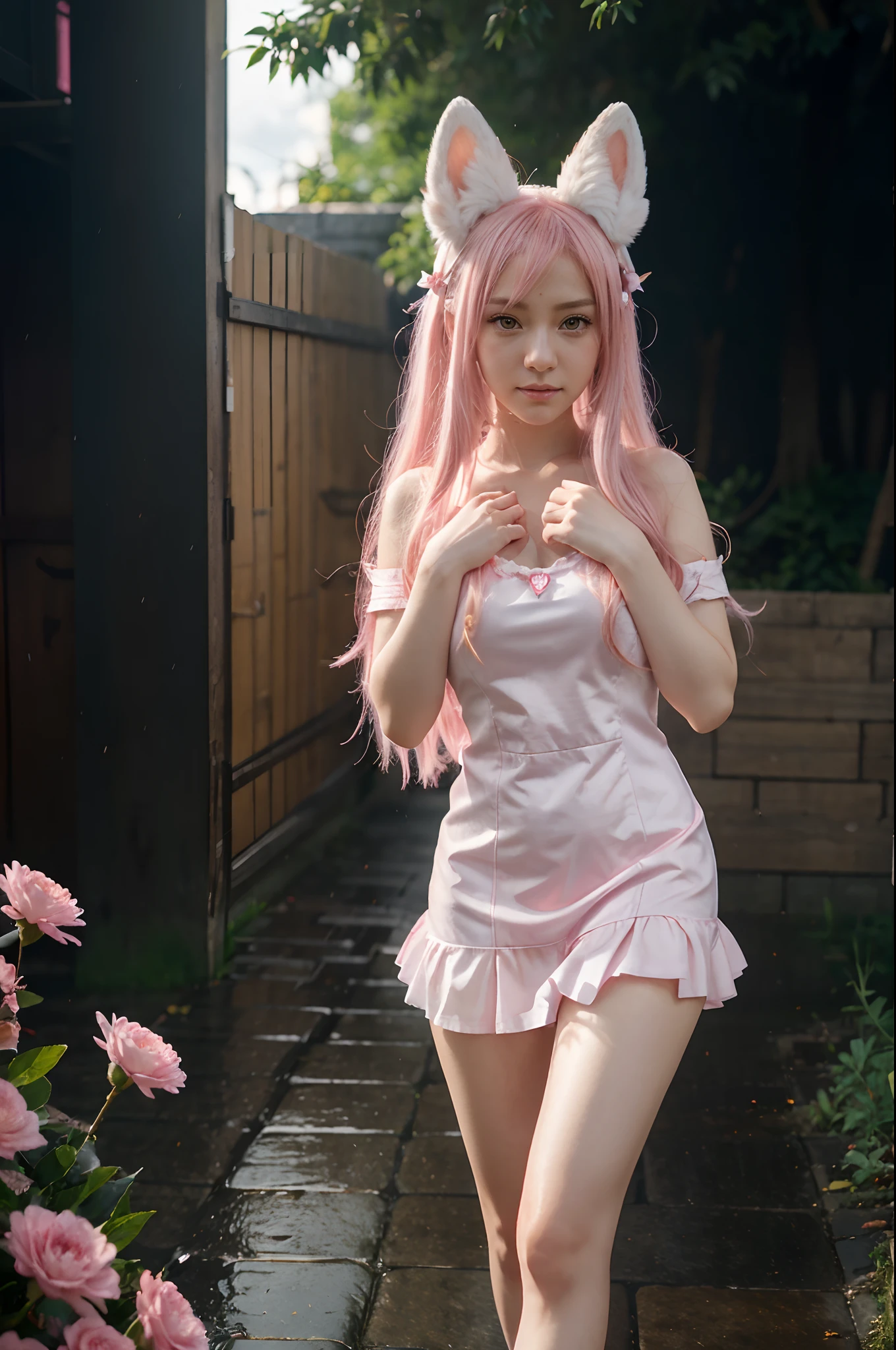 Nine snow-white fox tails (1.0), Milky white fox tail (1.0), Close-up of the nine-tailed fox, nine tails, nine tails, 动漫girl,pink hair,pink dress,flowers on hair, very 美丽的动漫狐狸girl, 美丽的动漫狐狸girl, Beautiful fantasy anime, guweiz, 狐狸耳朵的动漫girl, 美丽的动漫girl, 非常美丽可爱的狐狸girl, pink flower rain, facing forward, jump, spread your legs,shift dress (skirt lift), Lift up your skirt yourself,exposed,Pink dress, lace silk skirt, focus,sling,Strangled,Great Assa, blush, parted lips, looking at the audience, slit top, (Crowded city), dull bangs, small, (The delicate shape of the female pubic bone is clearly visible: 1.4), (No: 1.2),girl,Full body image,background blur, anime style 4k, anime fantasy artwork, 4k anime wallpaper, Gouves style artwork, Perfect body, beautiful body,barefoot