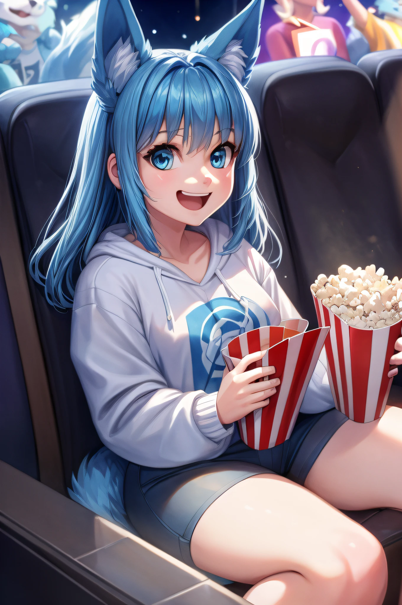 (Masterpiece) (High Detail) (High Res) A short ite humanoid girl with pale human skin and blue eyes and long blue hair and blue dog ears and a fluffy dog tail is dressed casually and is sat at the cinema watching a movie. She is holding a large tub of popcorn, and looks excited.