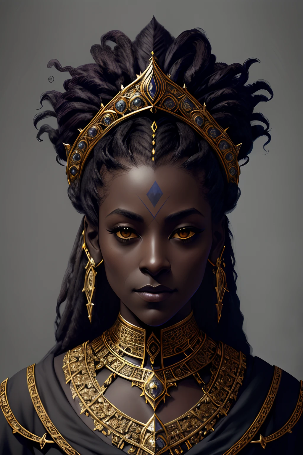 character design concept art, (dark skinned:1.3), evil, (regal), monarch, magnificent, posh, (dreds:0.9), high fantasy, portrait, perfect rendered face, perfect face details, grim, medium shot, by Richard Corben, by Miles Aldridge, by John Atkinson Grimshaw