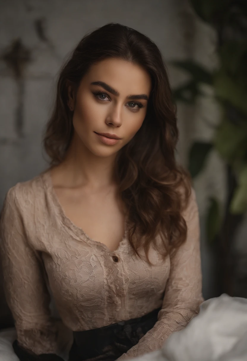 Arafed Full Woman, Sexy Girl with Brown Eyes, Ultra Realistic, Meticulously Detailed, Portrait Sophie Mudd, Brown Hair and Big Eyes, Selfie of a Young Woman, Dubai Eyes, Violet Myers, No Makeup, Natural Makeup, Looking Directly at the Camera , face with artgram, subtle makeup, Stunning full body photo kneeling on bed, In the bedroom, Medium to large size bust, (photo taken from above: 1.3)