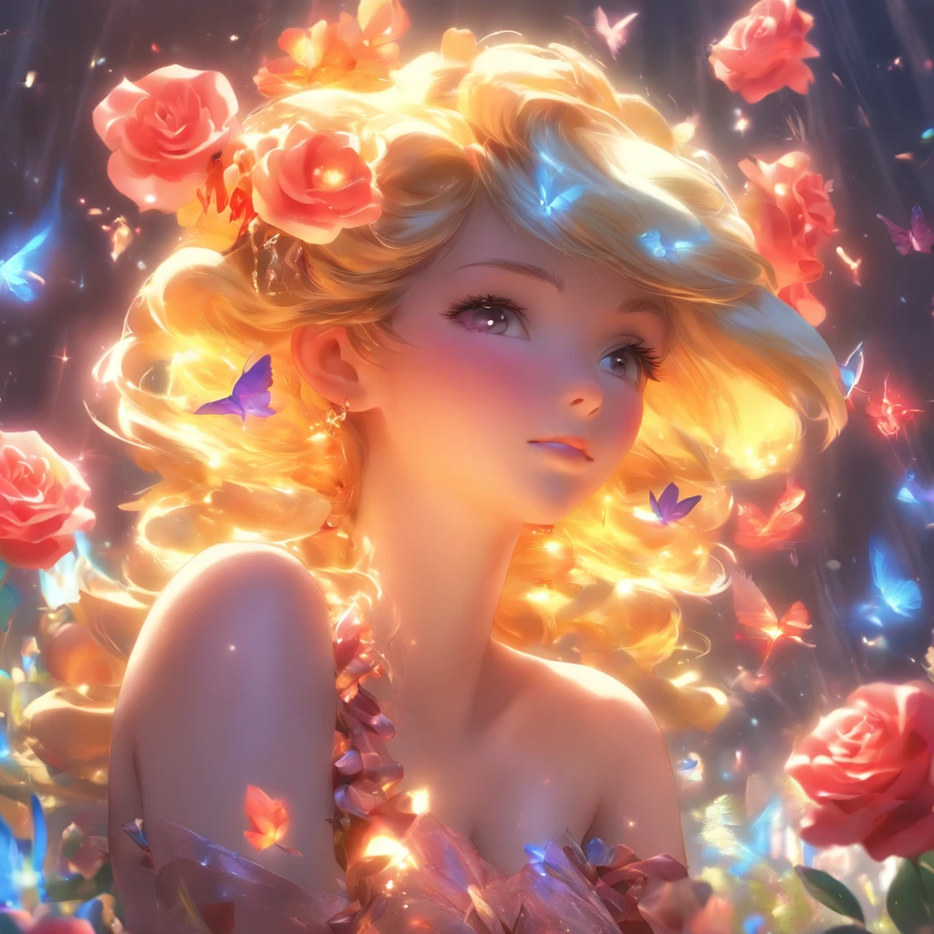 1girll,(full bodyesbian:1.4),Polycystic ovaries,The barefoot,独奏,hatflower,
Cinematic lighting,Strong contrast,romantic realist style,High level of detail,(Fairy tale scenes),Rose,yellowflower,Red flower,Bird,unit,make up,Gemstone,headdress,dress,Bare shoulders, style-swirlmagic