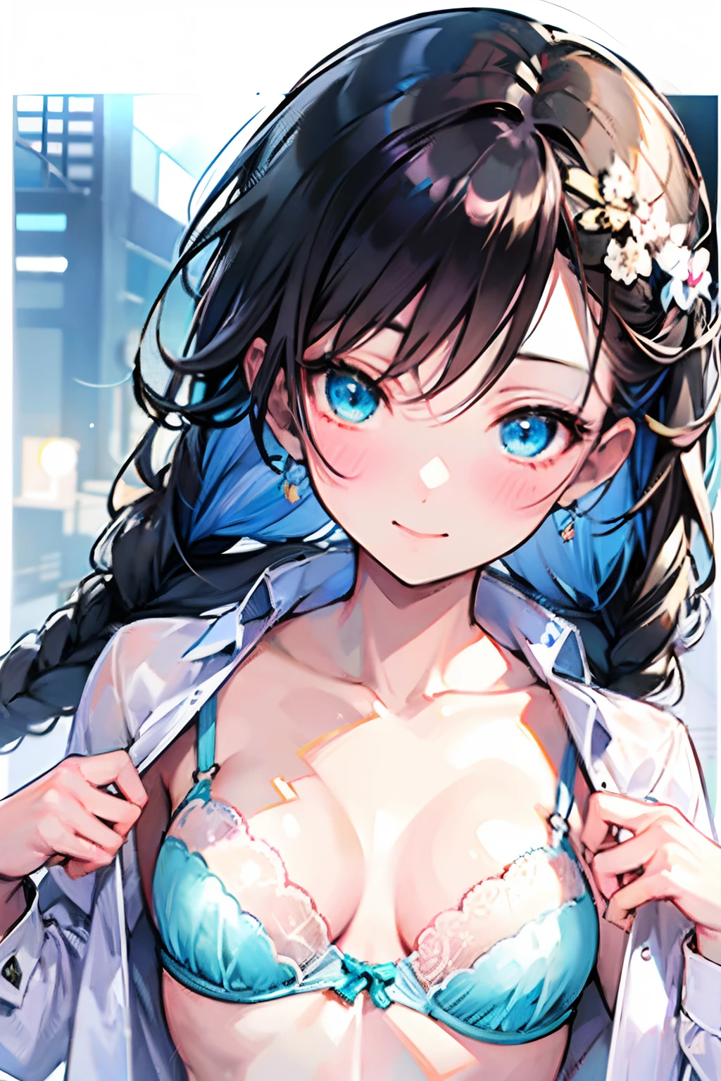 Tazune rirei, 8k, ultra-detailed, Masterpiece, best quality, aqua eyes, black hair, braid hair, middle chest, school class room , day, 1girl, solo, ((close up face)), portrait, bokeh, undressing, collarbone, (blush), completely nude, bra, (embarrassed), shirt lift, light smile