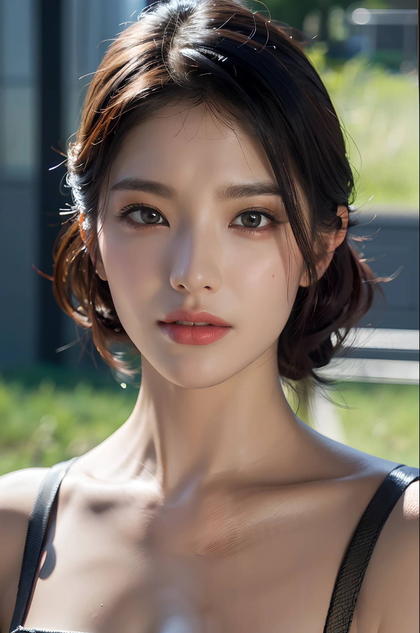 portrait,beautiful Japanese women,red strapless dress,slicked back hair,detailed eyes,detailed lips,soft skin,serene expression,delicate features,hint of a smile,graceful posture,colorful background,traditional Japanese motif,fine brushstrokes,soft lighting,vivid colors