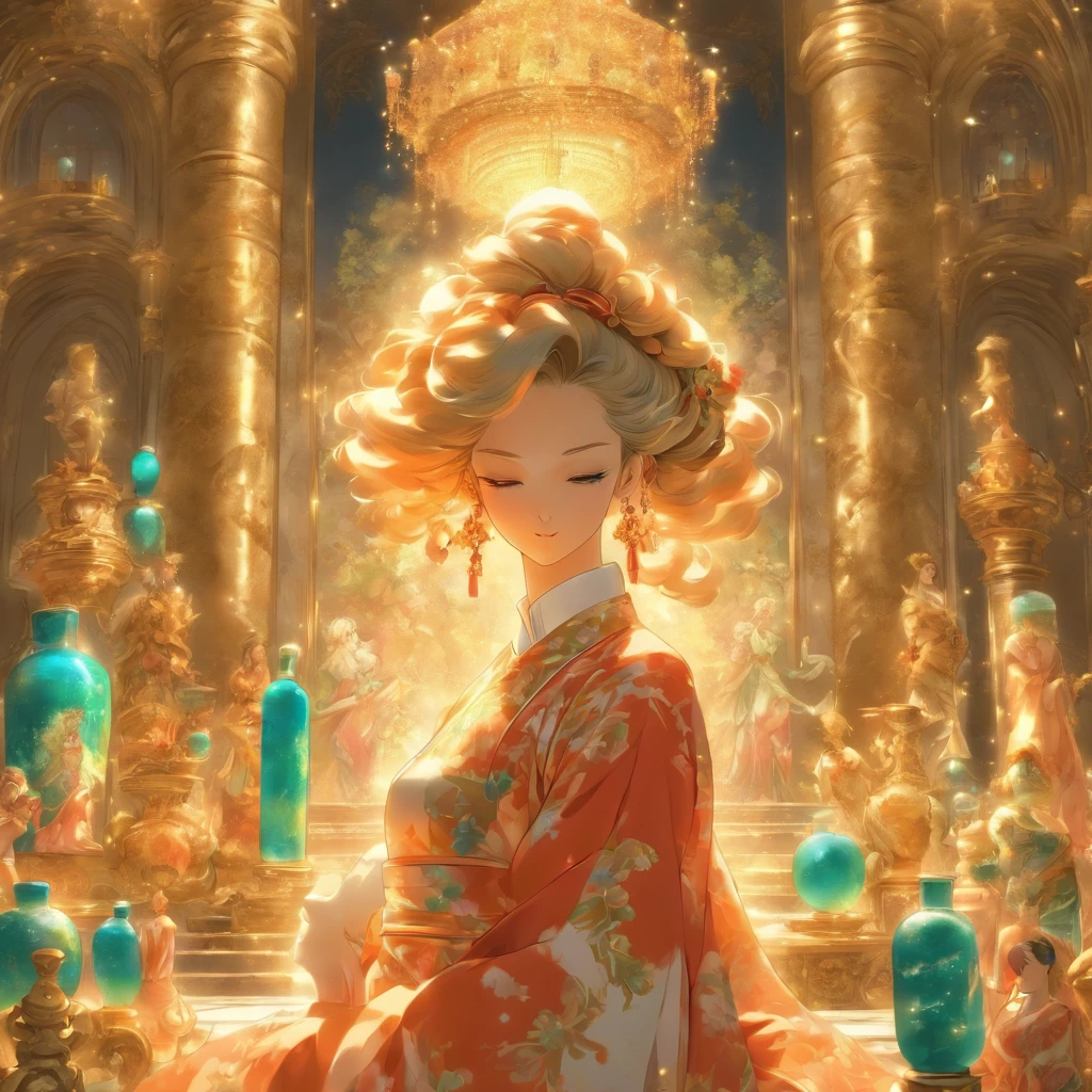 Attractive woman with exquisite pill bottle, Surrounded by a group of obedient men and women, Luxurious elements such as palaces and extravagant furniture in the scene, ,32K, Best Quality, masutepiece, Super Detail, Details in period anime style