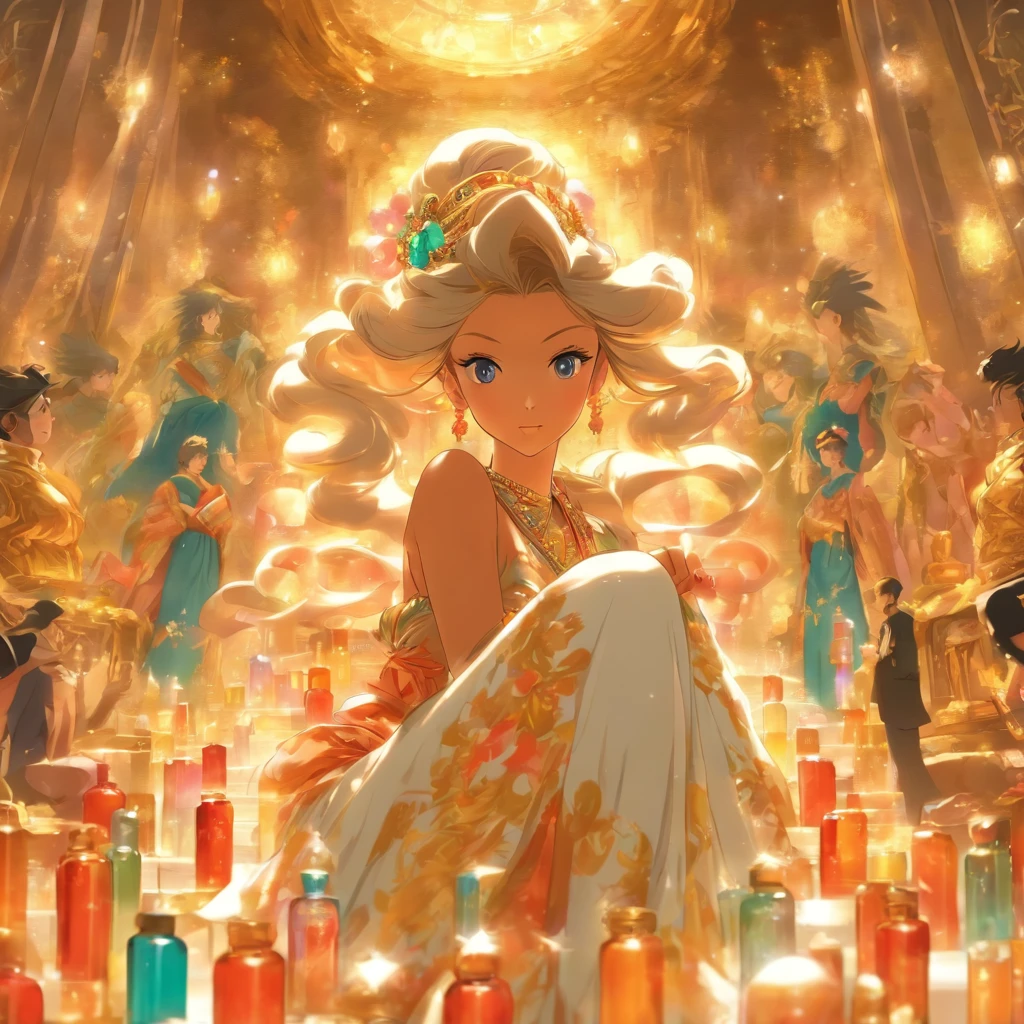 Attractive woman with exquisite pill bottle, Surrounded by a group of obedient men and women, Luxurious elements such as palaces and extravagant furniture in the scene, ,32K, Best Quality, masutepiece, Super Detail, Details in period anime style