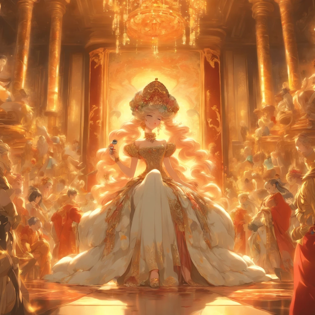 Attractive woman with exquisite pill bottle, Surrounded by a group of obedient men and women, Luxurious elements such as palaces and extravagant furniture in the scene, ,32K, Best Quality, masutepiece, Super Detail, Details in period anime style